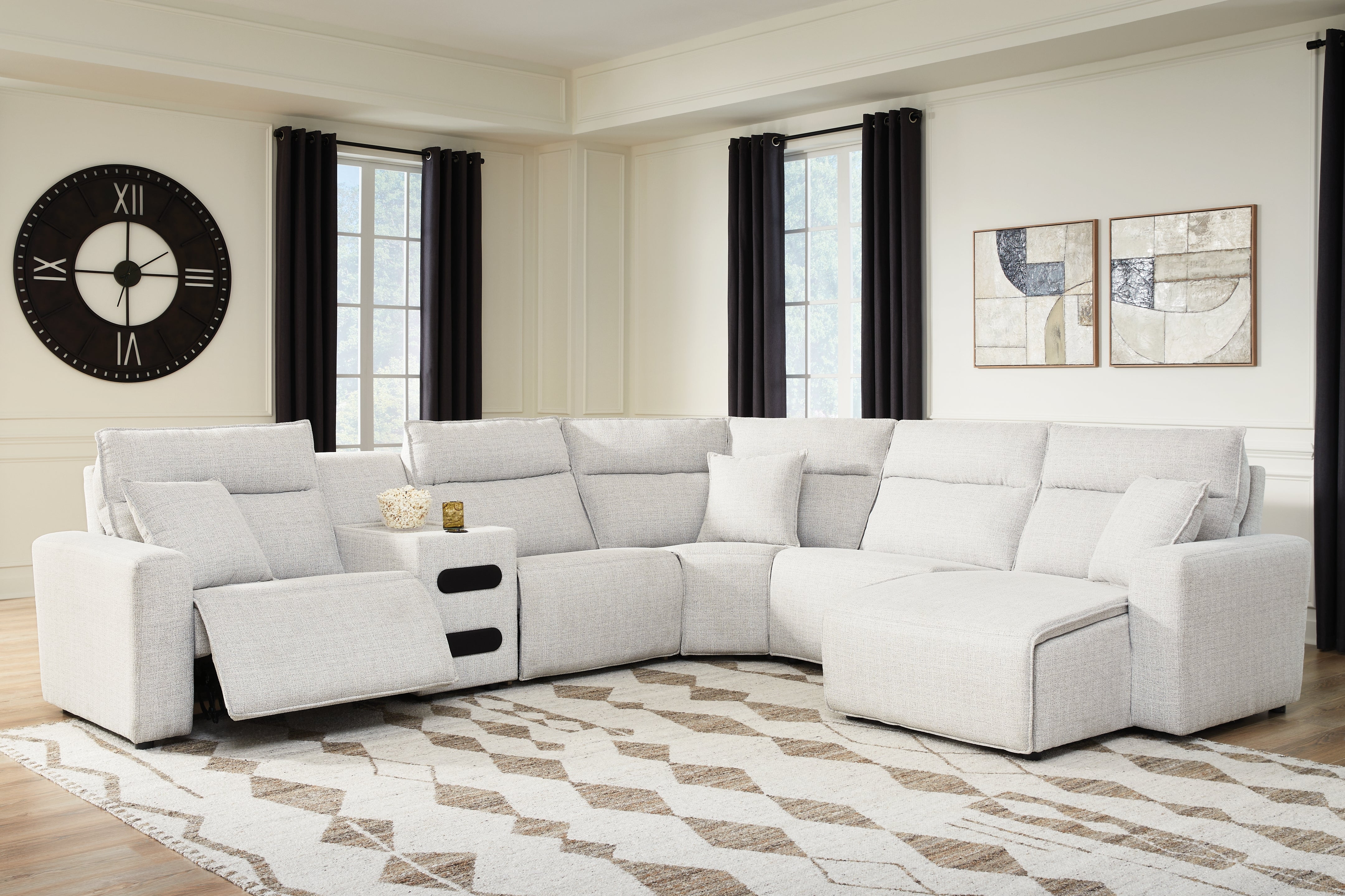 Best Deals Furniture - Ashley Furniture - ModMax II 6-Piece Reclining Sectional with Chaise and Audio Console - 6-Piece Reclining Sectional with Chaise and Audio Console / Stone - 65907S28
