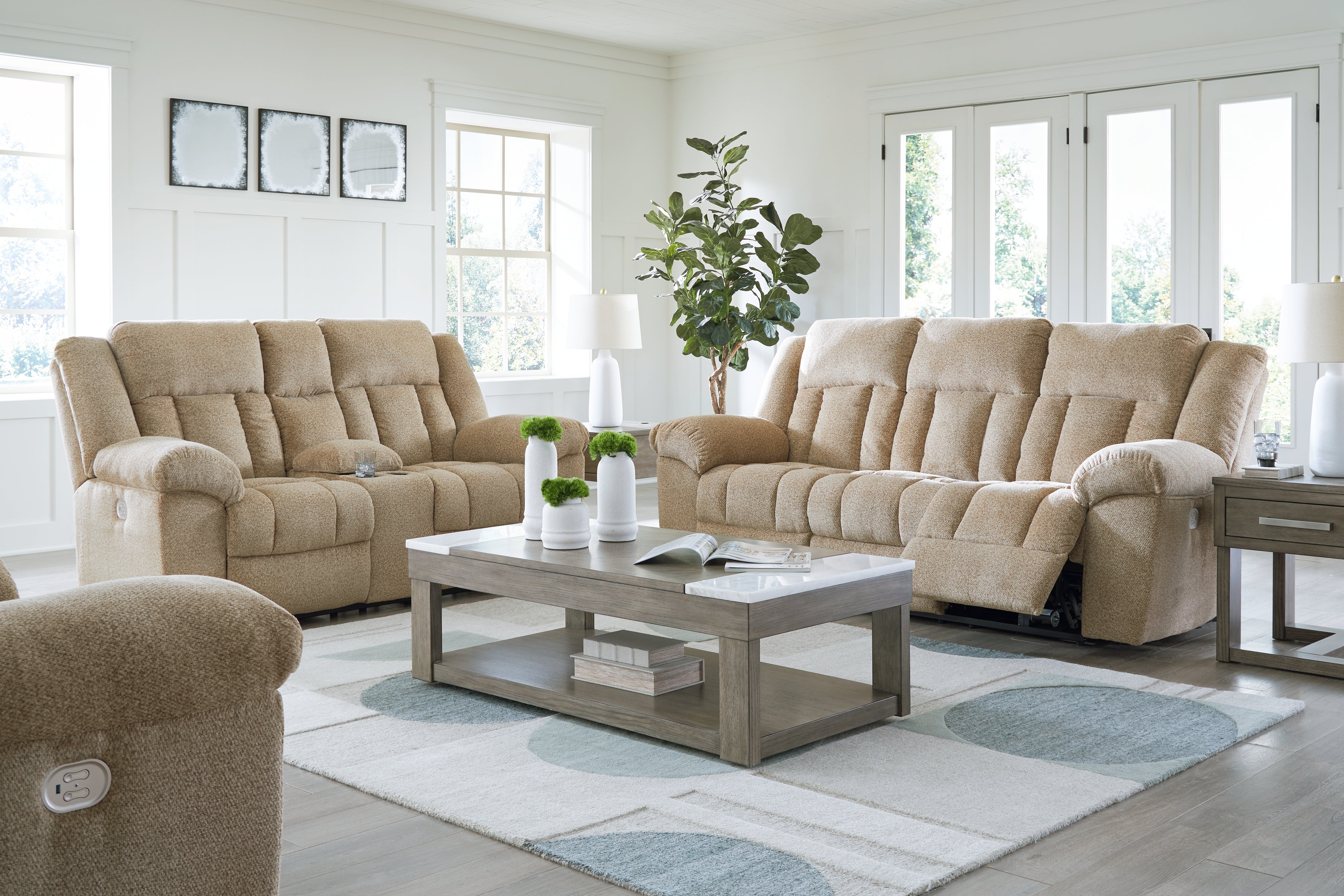 Best Deals Furniture - Ashley Furniture - Tip-Off Power Reclining Sofa, Loveseat and Recliner - Power Reclining Sofa, Loveseat and Recliner / Wheat - 69305U2