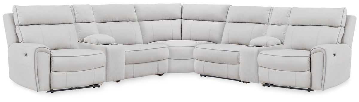 Best Deals Furniture - Ashley Furniture - Social Pointe 7-Piece Reclining Sectional with Storage Consoles - 7-Piece Reclining Sectional with Storage Consoles - PC98802S34