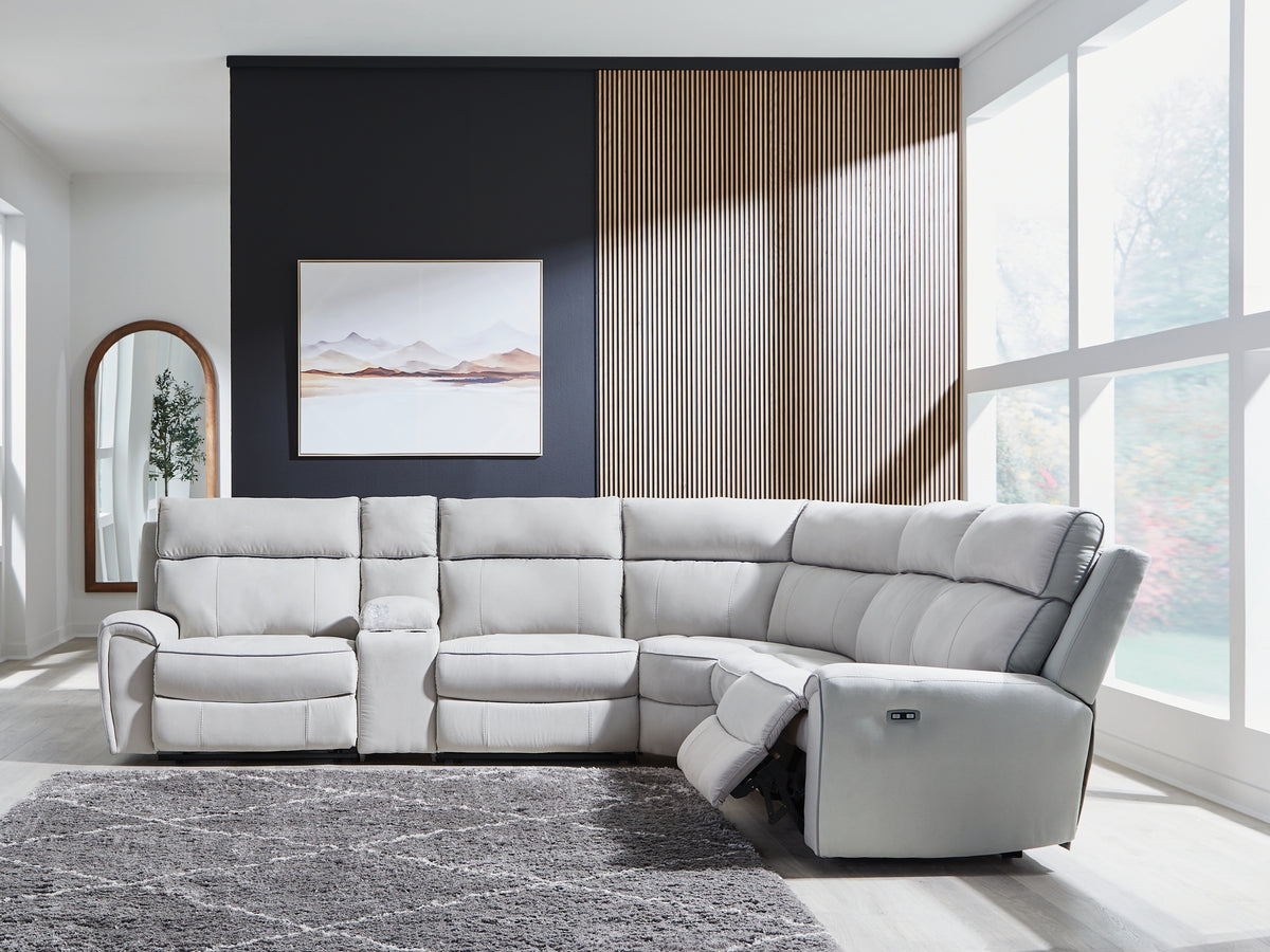 Best Deals Furniture - Ashley Furniture - Social Pointe 6-Piece Reclining Sectional with Storage Console - 6-Piece Reclining Sectional with Storage Console / Pearl/Ash - PC98802S36
