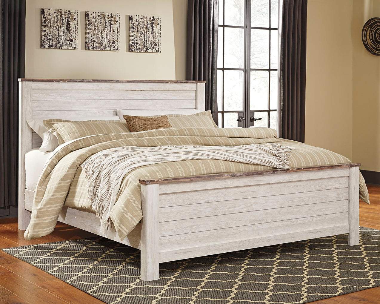 Best Deals Furniture - Ashley Furniture - Willowton California King Panel Bed - California King Panel Bed / Whitewash - B267B28