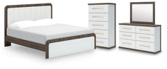 Kendanport King Upholstered Bed, Dresser, Mirror and Chest