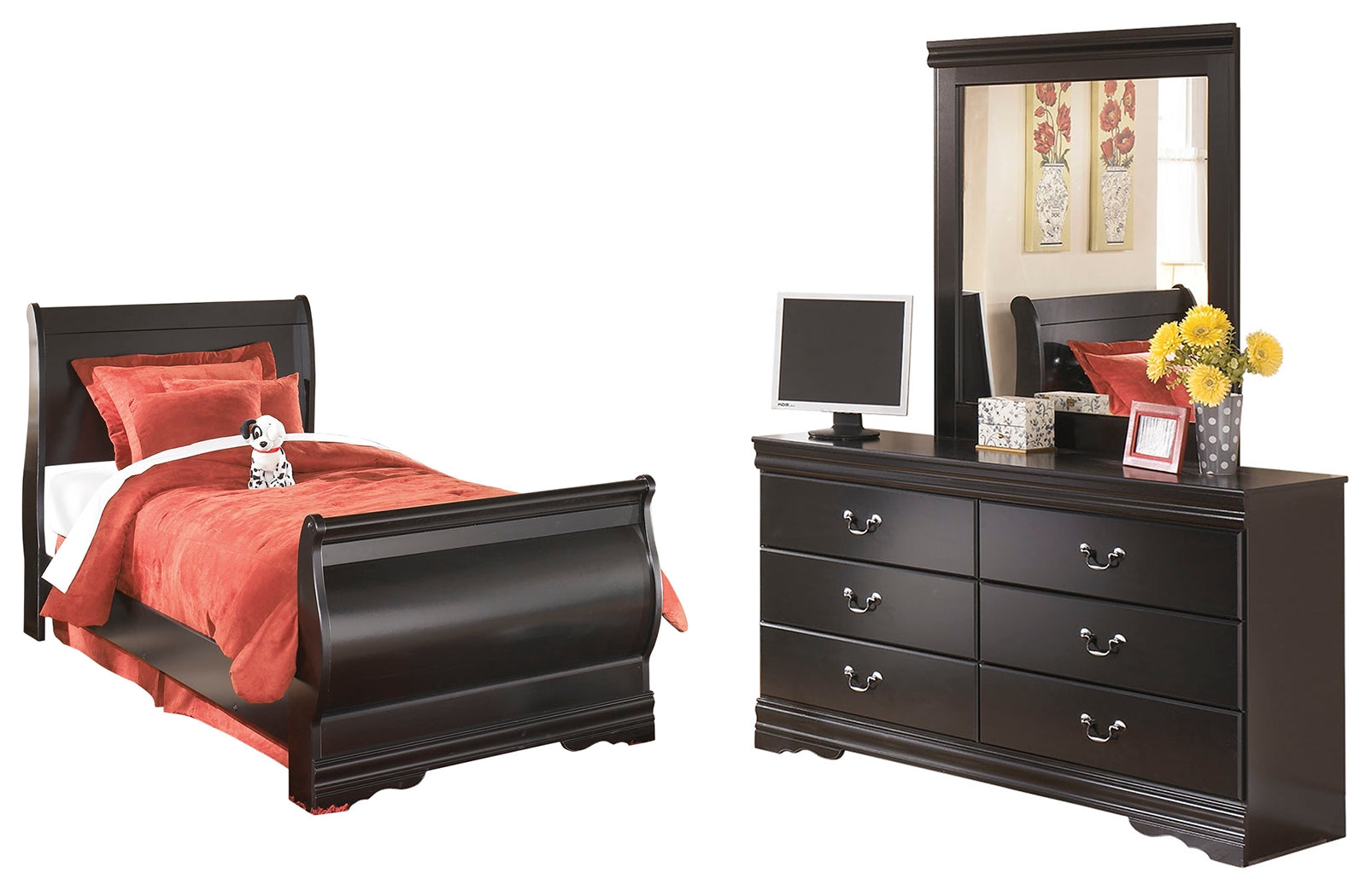 Best Deals Furniture - Ashley Furniture - Huey Vineyard Twin Sleigh Bed with Dresser and Mirror - Twin Sleigh Bed with Dresser and Mirror - B128B7