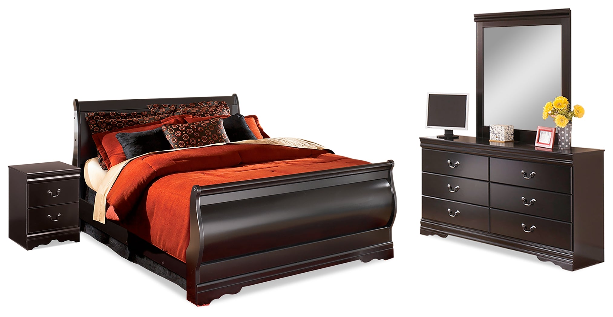 Best Deals Furniture - Ashley Furniture - Huey Vineyard Queen Bed with Mirrored Dresser and Nightstand - Queen Bed with Mirrored Dresser and Nightstand - B128B16