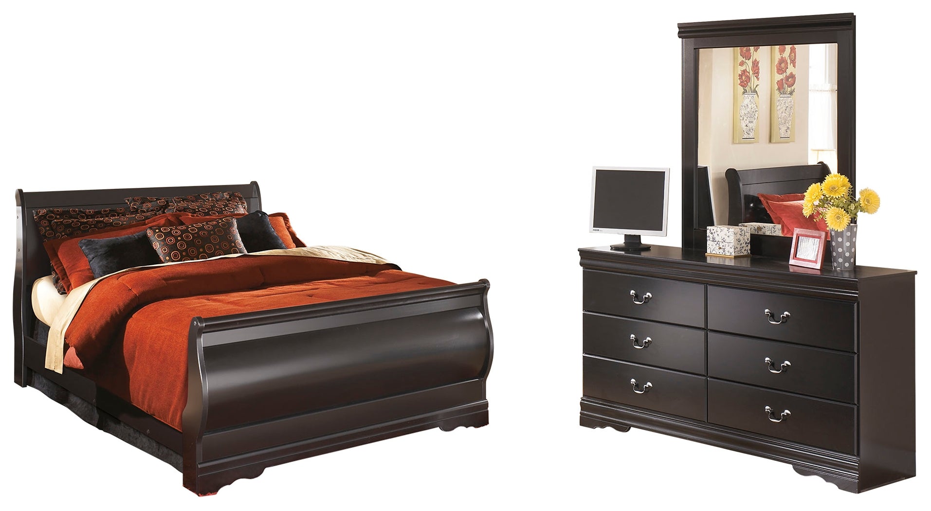 Best Deals Furniture - Ashley Furniture - Huey Vineyard Queen Sleigh Bed with Dresser and Mirror - Queen Sleigh Bed with Dresser and Mirror - B128B6
