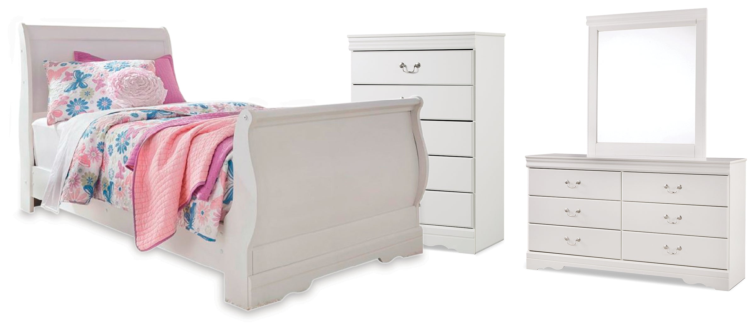 Best Deals Furniture - Ashley Furniture - Anarasia Twin Sleigh Bed, Dresser, Mirror and Chest - Twin Sleigh Bed, Dresser, Mirror and Chest - B129B21