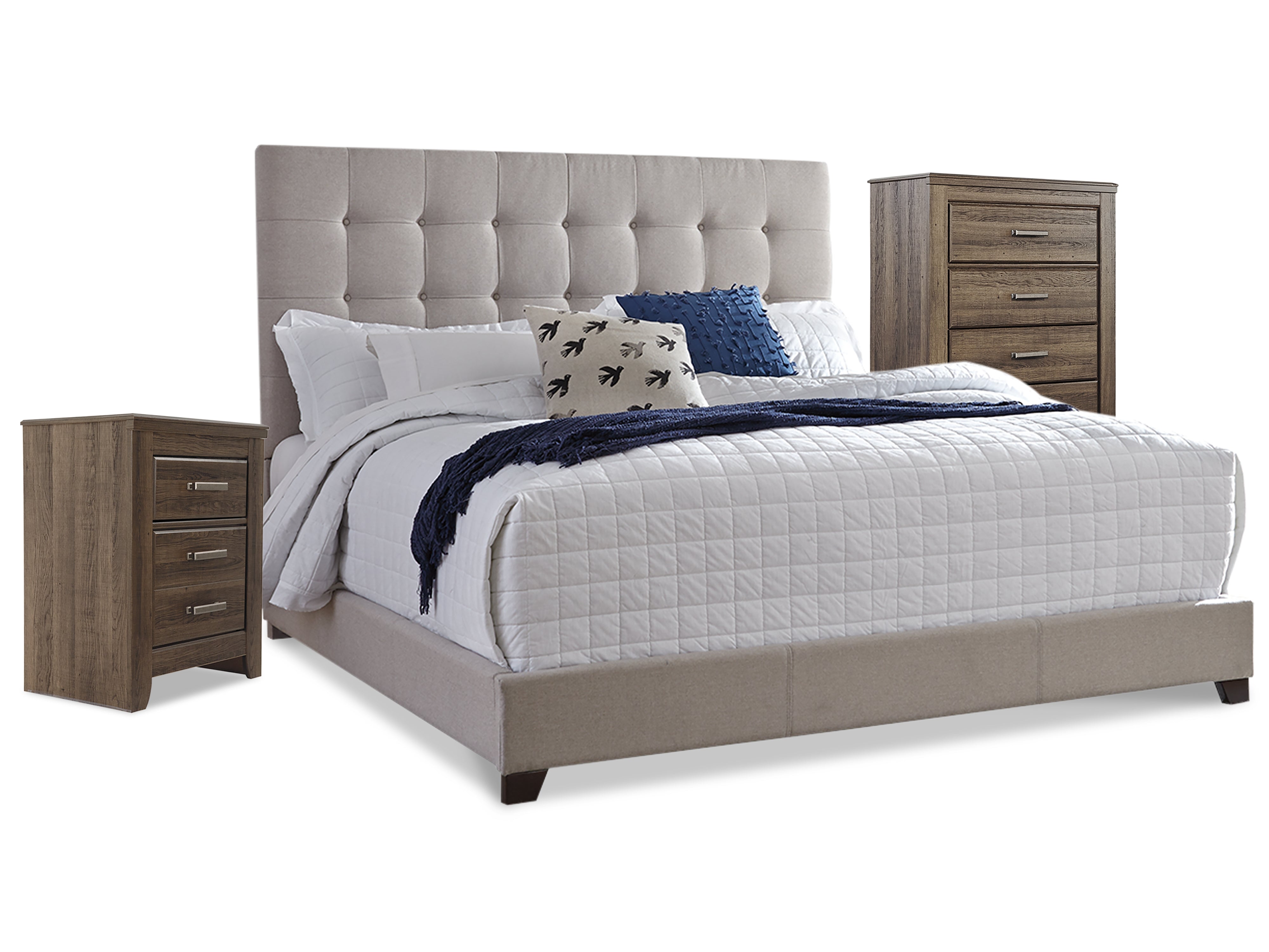 Best Deals Furniture - Ashley Furniture - Dolante Queen Upholstered Bed with Chest of Drawers and Nightstand - Queen Upholstered Bed with Chest of Drawers and Nightstand - B130B7