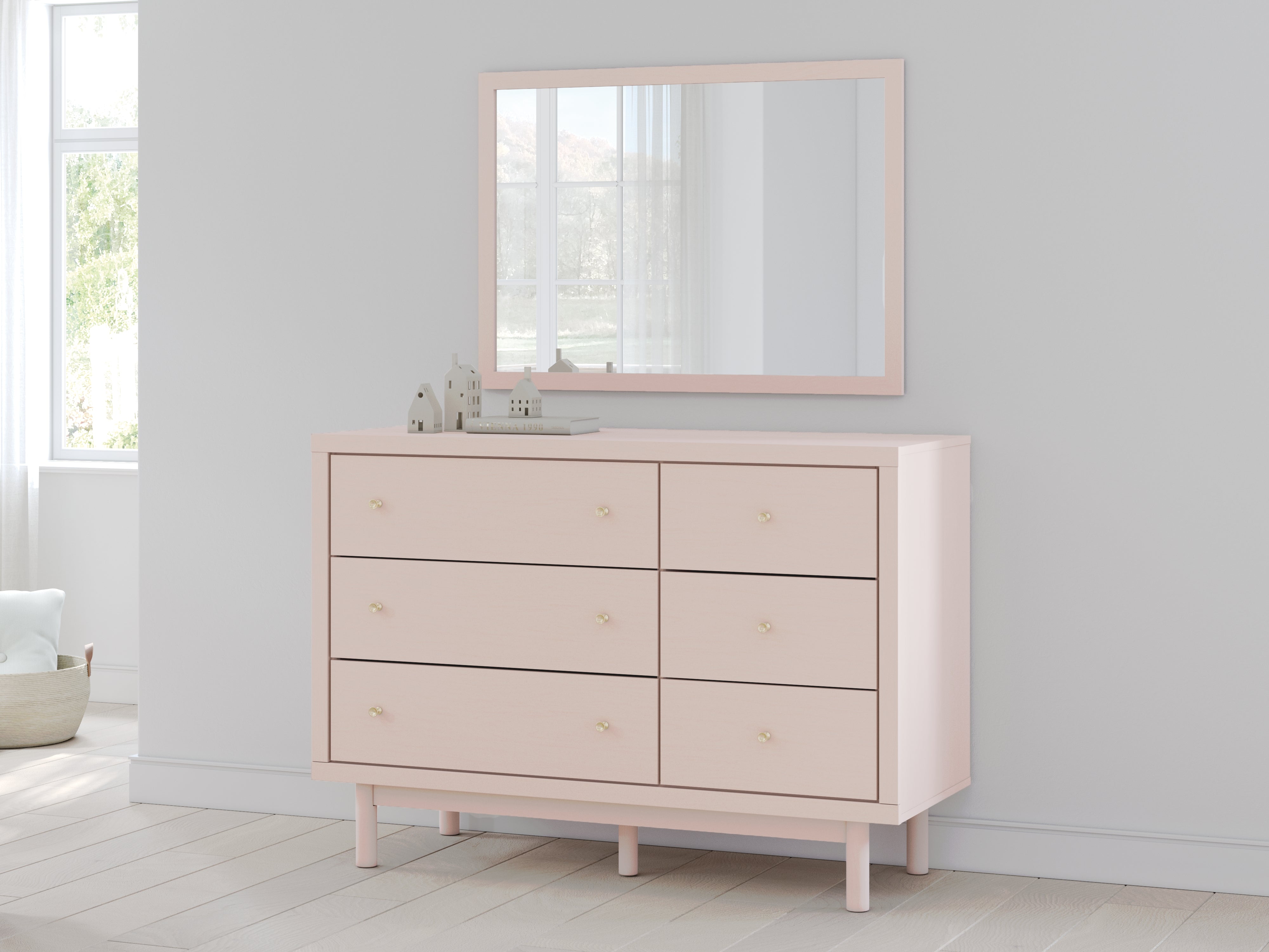 Wistenpine Twin Upholstered Panel Headboard, Dresser and Mirror