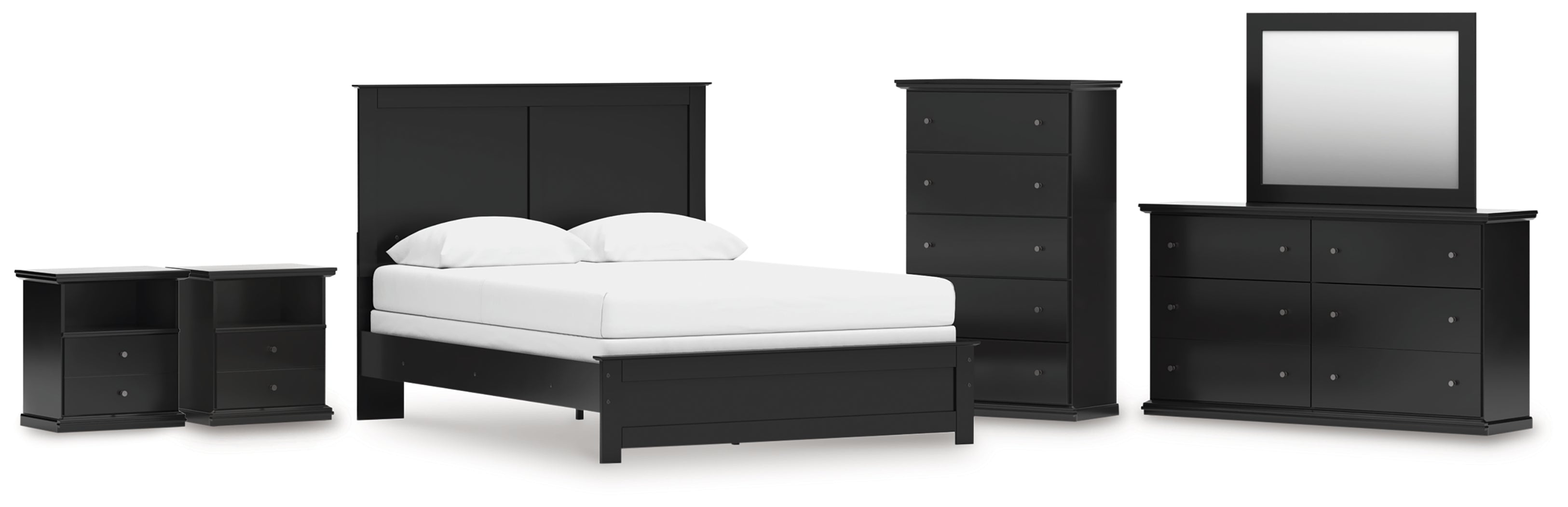 Best Deals Furniture - Ashley Furniture - Maribel Queen Panel Bed - Queen Panel Bed, Dresser, Mirror, Chest and 2 Nightstands / Black - B138B76