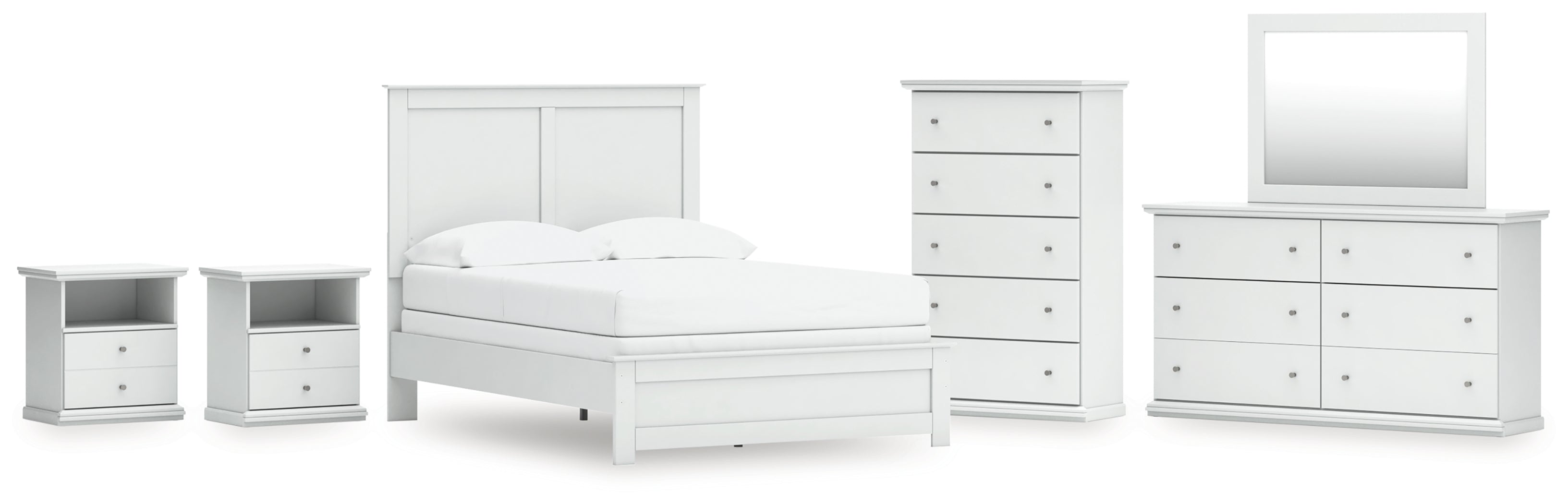 Best Deals Furniture - Ashley Furniture - Bostwick Shoals Full Panel Bed - Full Panel Bed, Dresser, Mirror, Chest, and 2 Nightstands / White - B139B62