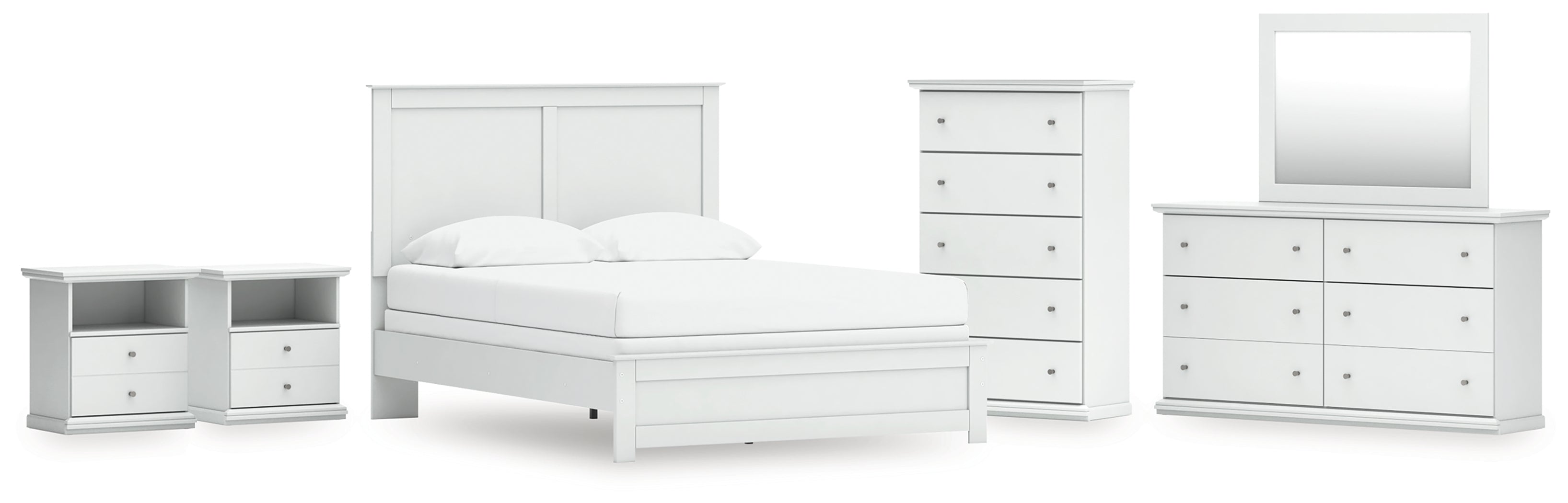 Best Deals Furniture - Ashley Furniture - Bostwick Shoals Queen Panel Bed with Mirrored Dresser, Chest and 2 Nightstands - Queen Panel Bed with Mirrored Dresser, Chest and 2 Nightstands / White - B139B49