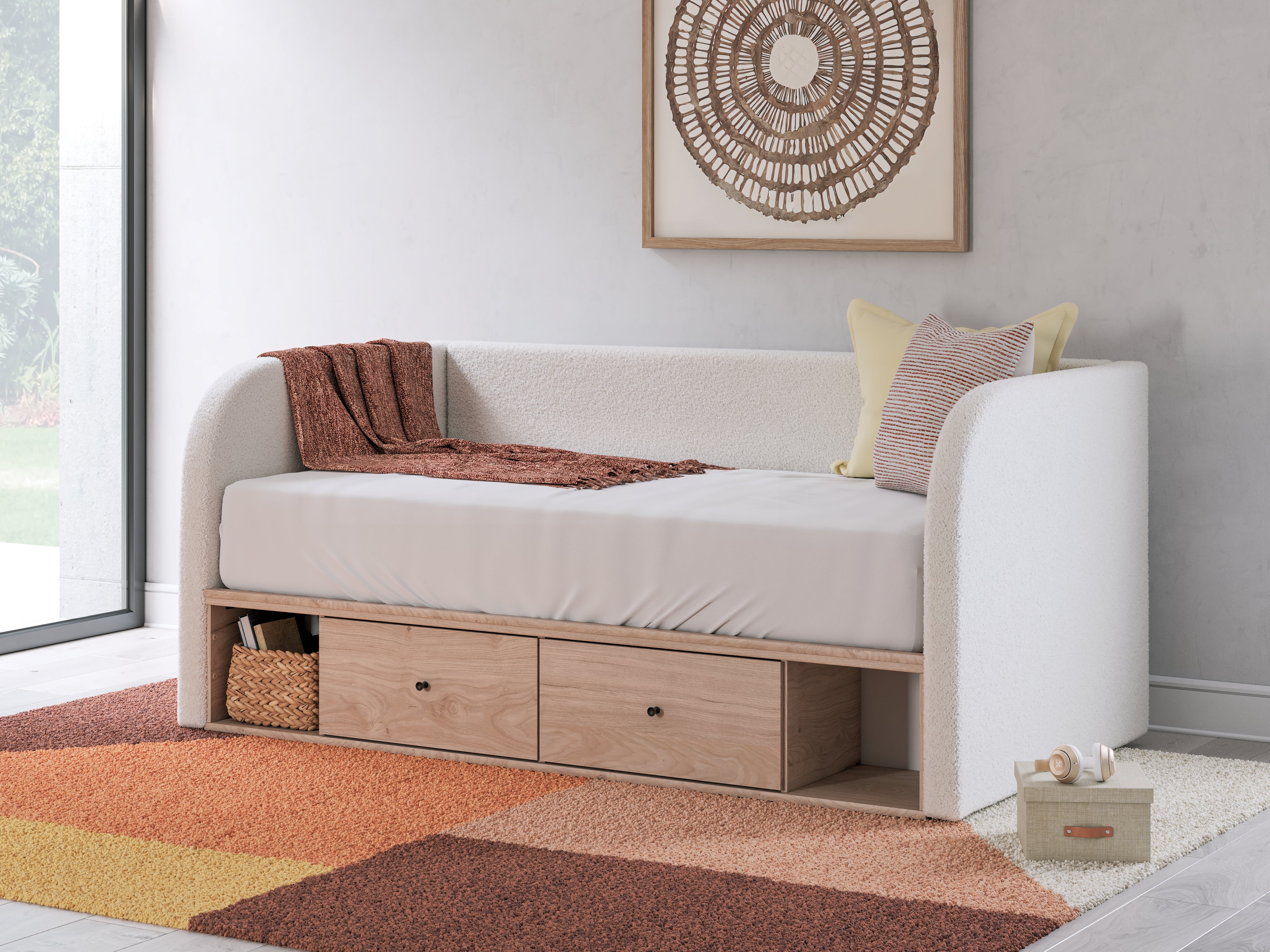 Best Deals Furniture - Ashley Furniture - Arloster Full Upholstered Day Bed with Storage - Full Upholstered Day Bed with Storage / Tan/White - PCB1566B11