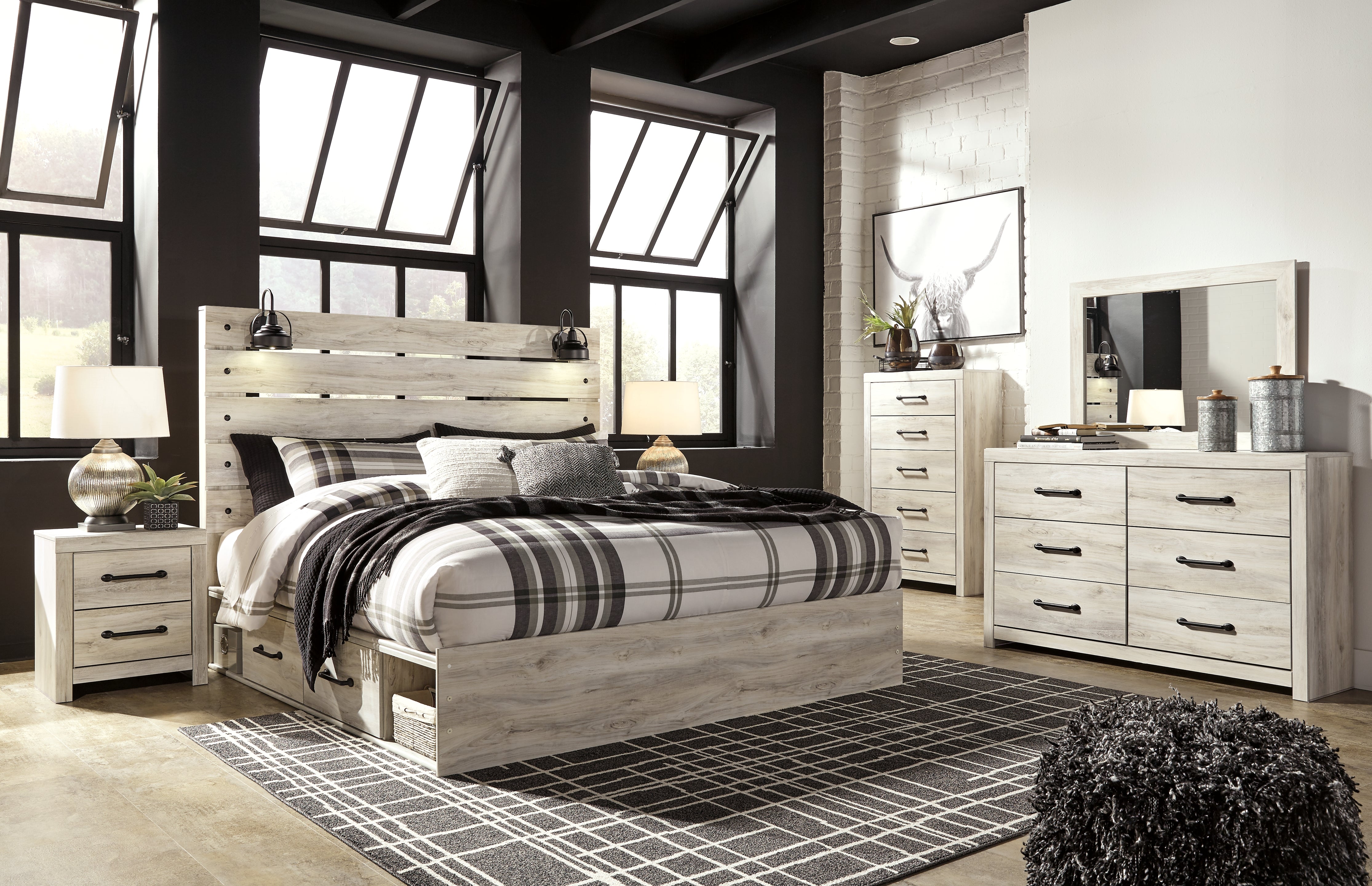 Best Deals Furniture - Ashley Furniture - Cambeck King Panel Bed with Storage, Dresser, Mirror, Chest and 2 Nightstands - King Panel Bed with Storage, Dresser, Mirror, Chest and 2 Nightstands / Whitewash - B192B83