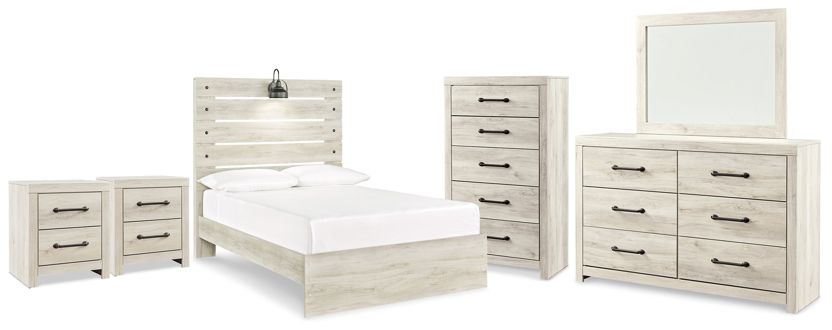 Best Deals Furniture - Ashley Furniture - Cambeck Full Panel Bed - Full Panel Bed, Dresser, Mirror, Chest and 2 Nightstands / Whitewash - B192B126