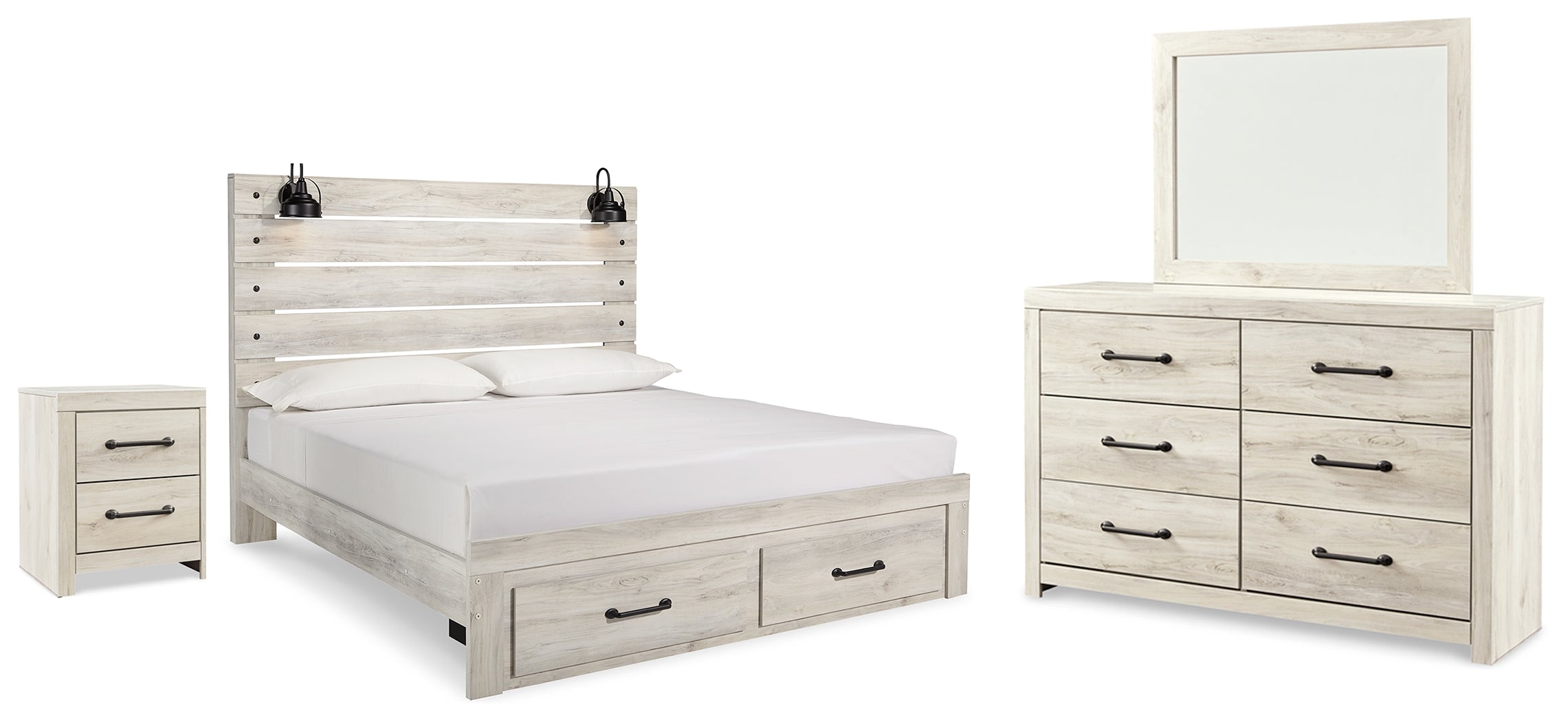 Best Deals Furniture - Ashley Furniture - Cambeck King Panel Storage Bed, Dresser, Mirror and Nightstand - King Panel Storage Bed, Dresser, Mirror and Nightstand / Whitewash - B192B127