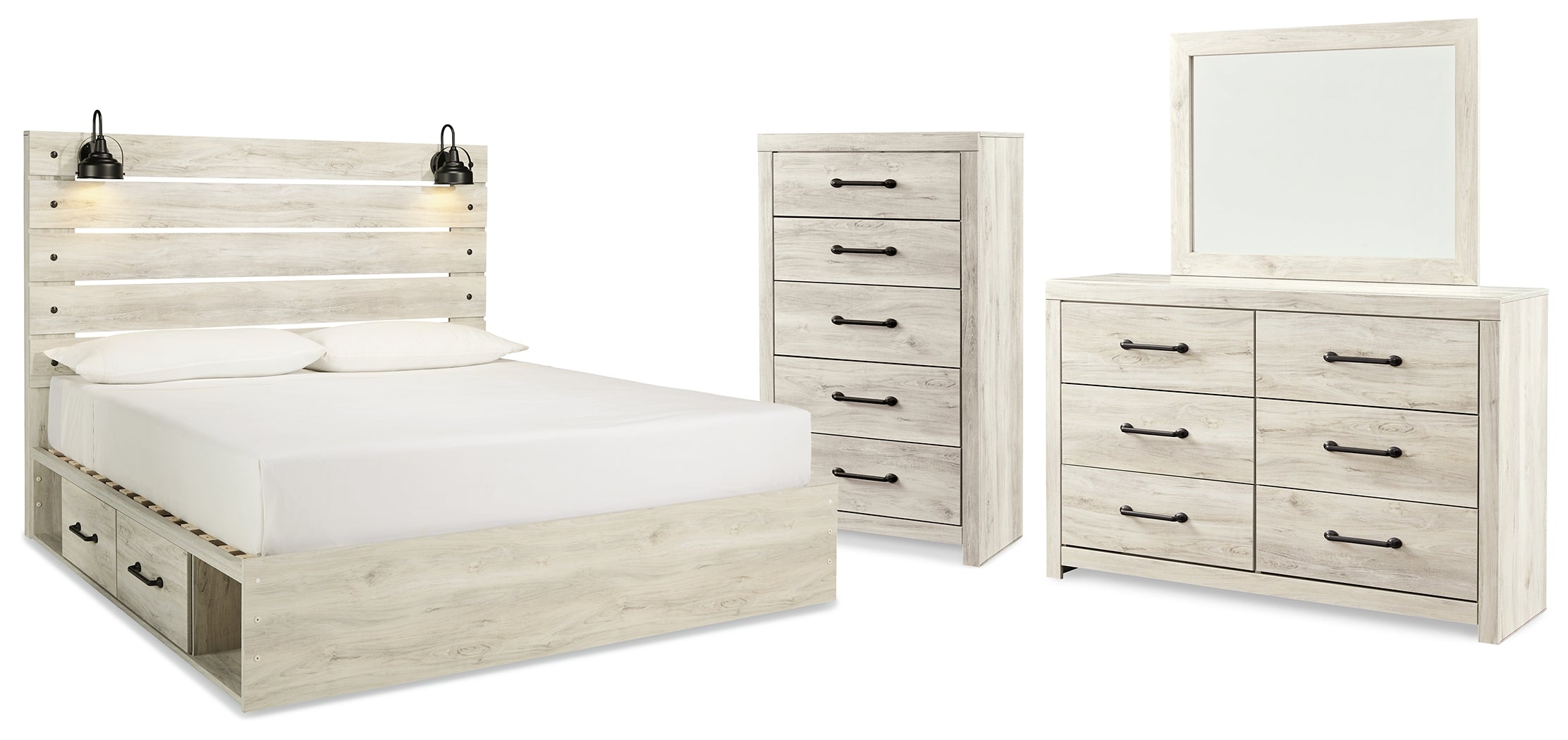 Best Deals Furniture - Ashley Furniture - Cambeck King Panel Bed with Storage, Dresser, Mirror and Chest - King Panel Bed with Storage, Dresser, Mirror and Chest / Whitewash - B192B66