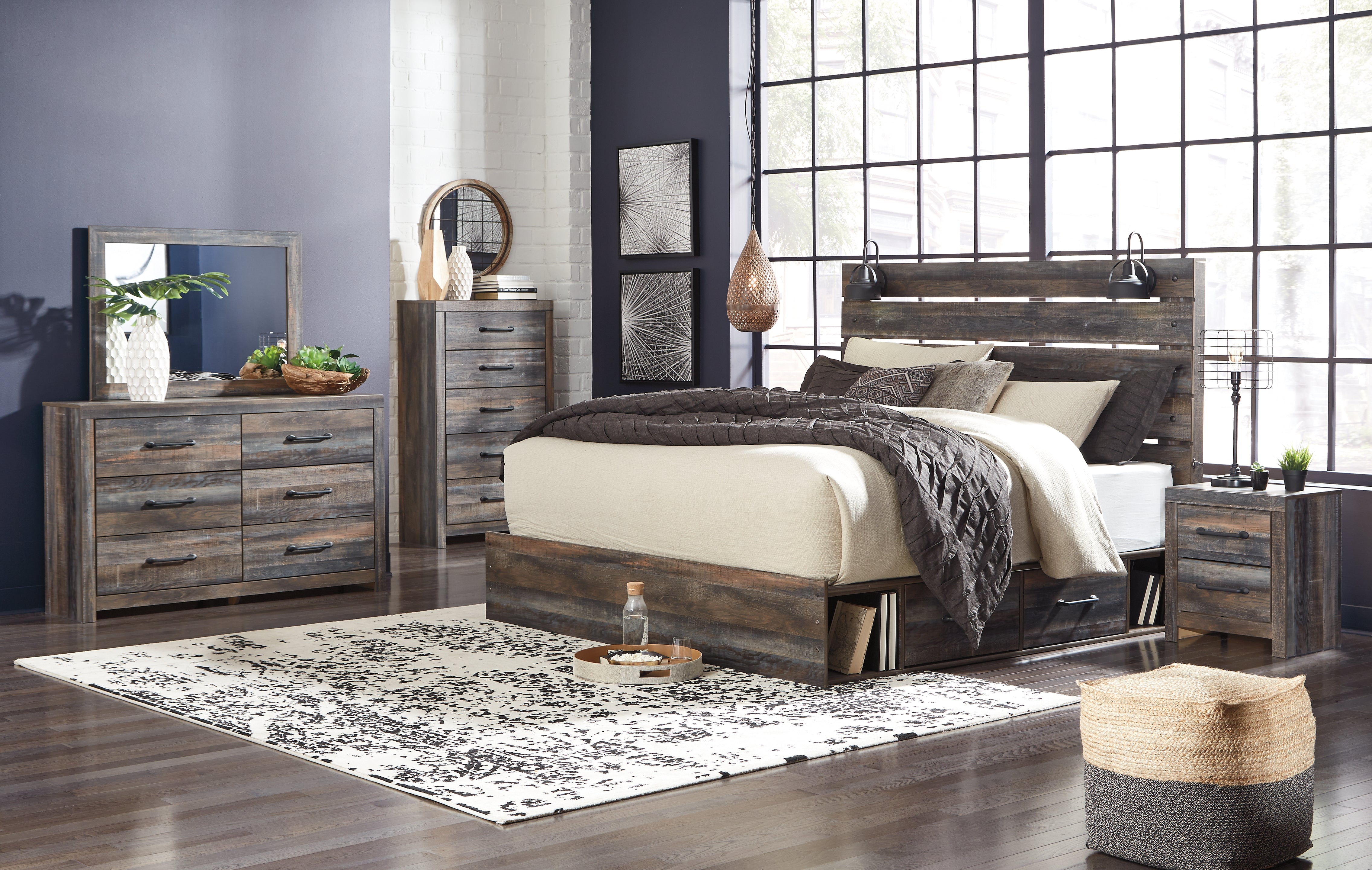 Best Deals Furniture - Ashley Furniture - Drystan King Panel Bed with Storage, Dresser, Mirror, Chest and 2 Nightstands - King Panel Bed with Storage, Dresser, Mirror, Chest and 2 Nightstands - B211B66