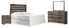 Drystan King Panel Headboard with Metal Frame, Dresser, Mirror, and Nightstand