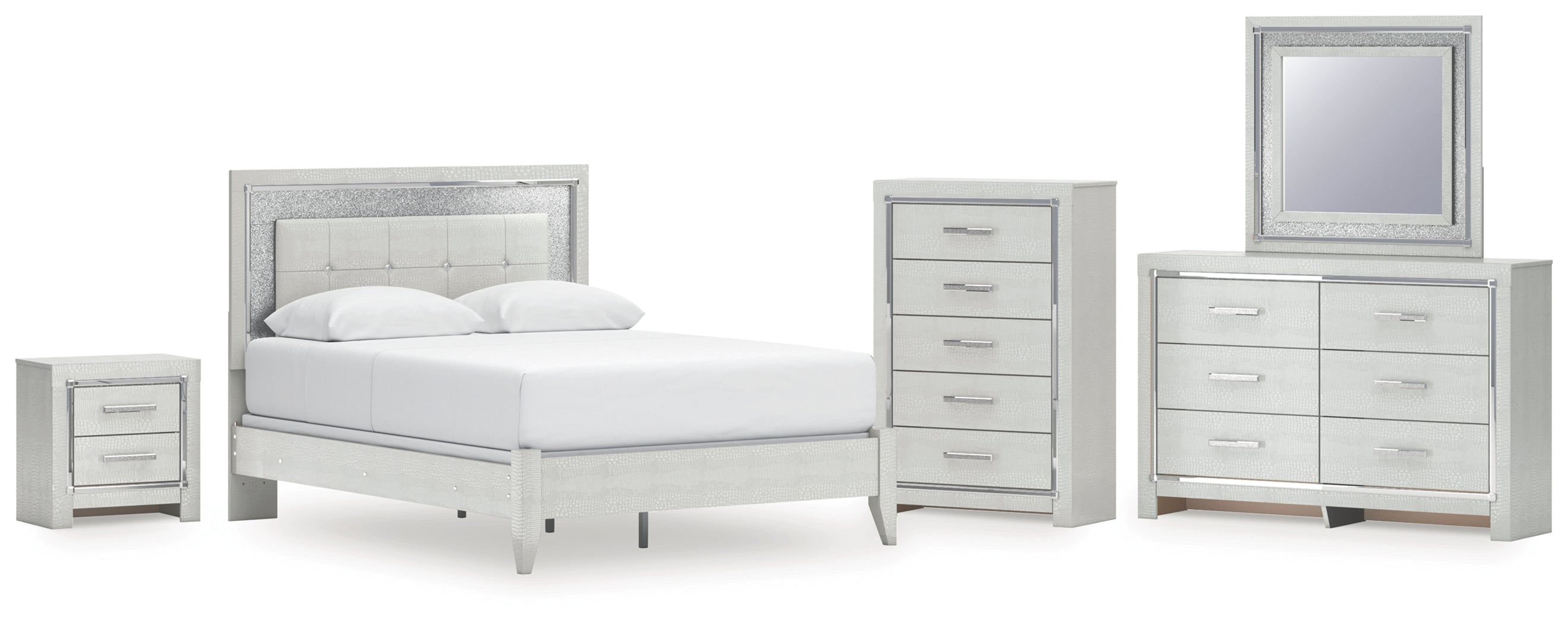 Best Deals Furniture - Ashley Furniture - Zyniden Queen Panel Bed, Dresser, Mirror, Chest and Nightstand - Queen Panel Bed, Dresser, Mirror, Chest and Nightstand / Silver - B2114B13