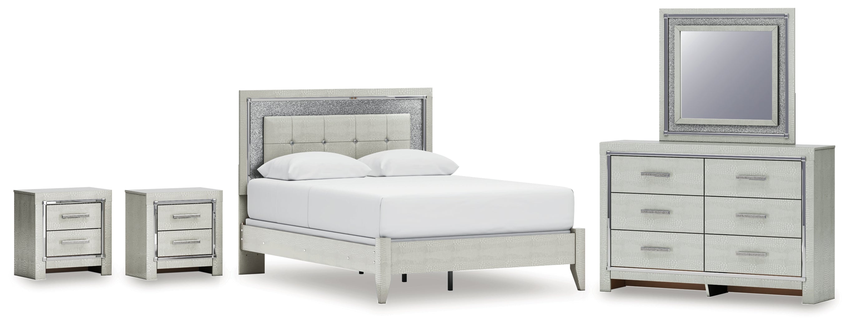 Best Deals Furniture - Ashley Furniture - Zyniden Queen Panel Bed, Dresser, Mirror and 2 Nightstands - Queen Panel Bed, Dresser, Mirror and 2 Nightstands / Silver - B2114B16