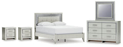 Best Deals Furniture - Ashley Furniture - Zyniden Queen Panel Bed, Dresser, Mirror and 2 Nightstands - Queen Panel Bed, Dresser, Mirror and 2 Nightstands / Silver - B2114B16
