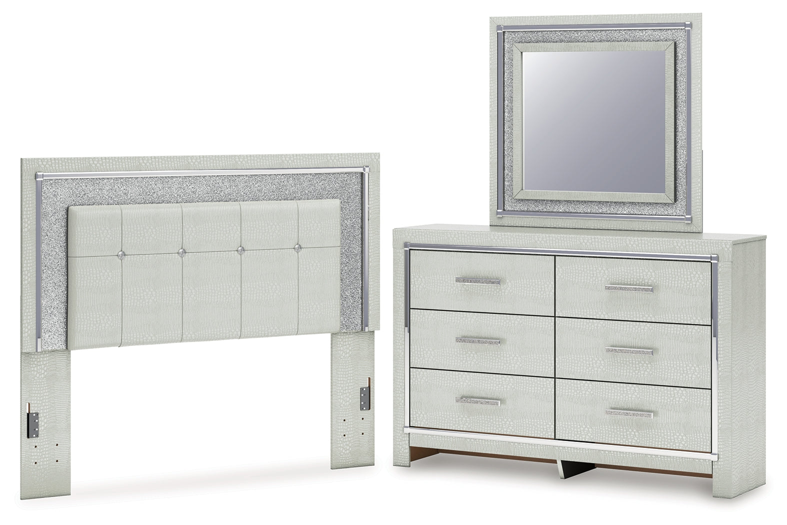 Best Deals Furniture - Ashley Furniture - Zyniden Queen Upholstered Panel Headboard, Dresser and Mirror - Queen Upholstered Panel Headboard, Dresser and Mirror / Silver - B2114B9