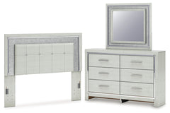 Best Deals Furniture - Ashley Furniture - Zyniden Queen Upholstered Panel Headboard, Dresser and Mirror - Queen Upholstered Panel Headboard, Dresser and Mirror / Silver - B2114B9