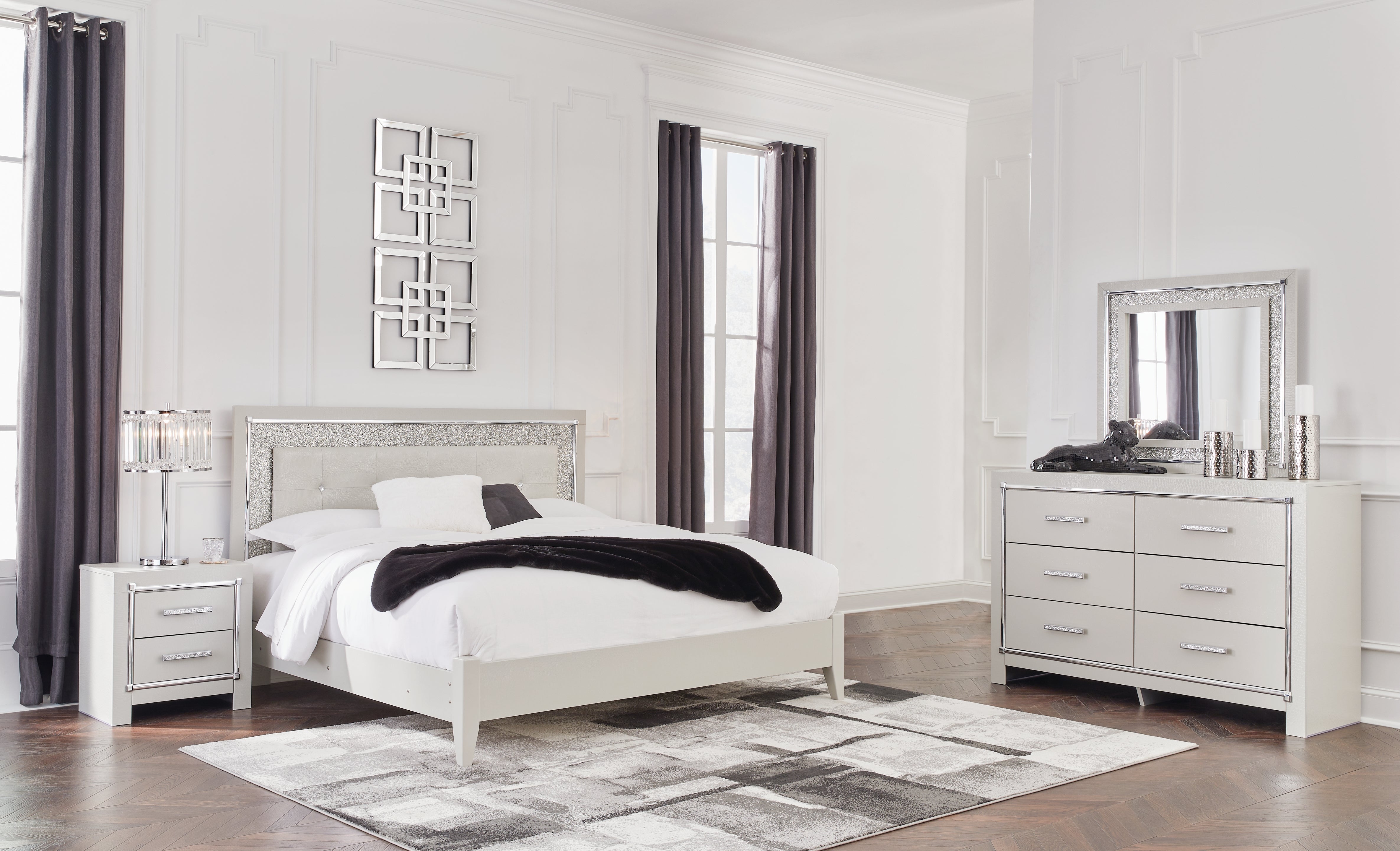 Best Deals Furniture - Ashley Furniture - Zyniden King Upholstered Panel Bed, Dresser, Mirror and Nightstand - King Upholstered Panel Bed, Dresser, Mirror and Nightstand - B2114B8