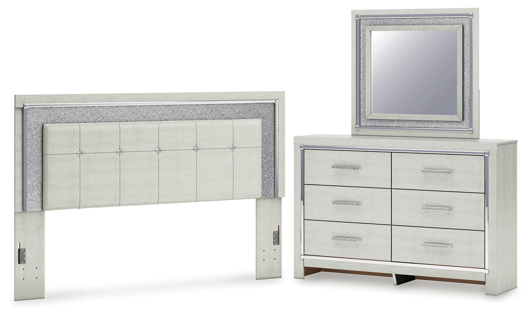 Best Deals Furniture - Ashley Furniture - Zyniden King Upholstered Panel Headboard, Dresser and Mirror - King Upholstered Panel Headboard, Dresser and Mirror / Silver - B2114B10