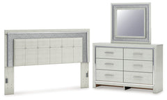 Best Deals Furniture - Ashley Furniture - Zyniden King Upholstered Panel Headboard, Dresser and Mirror - King Upholstered Panel Headboard, Dresser and Mirror / Silver - B2114B10