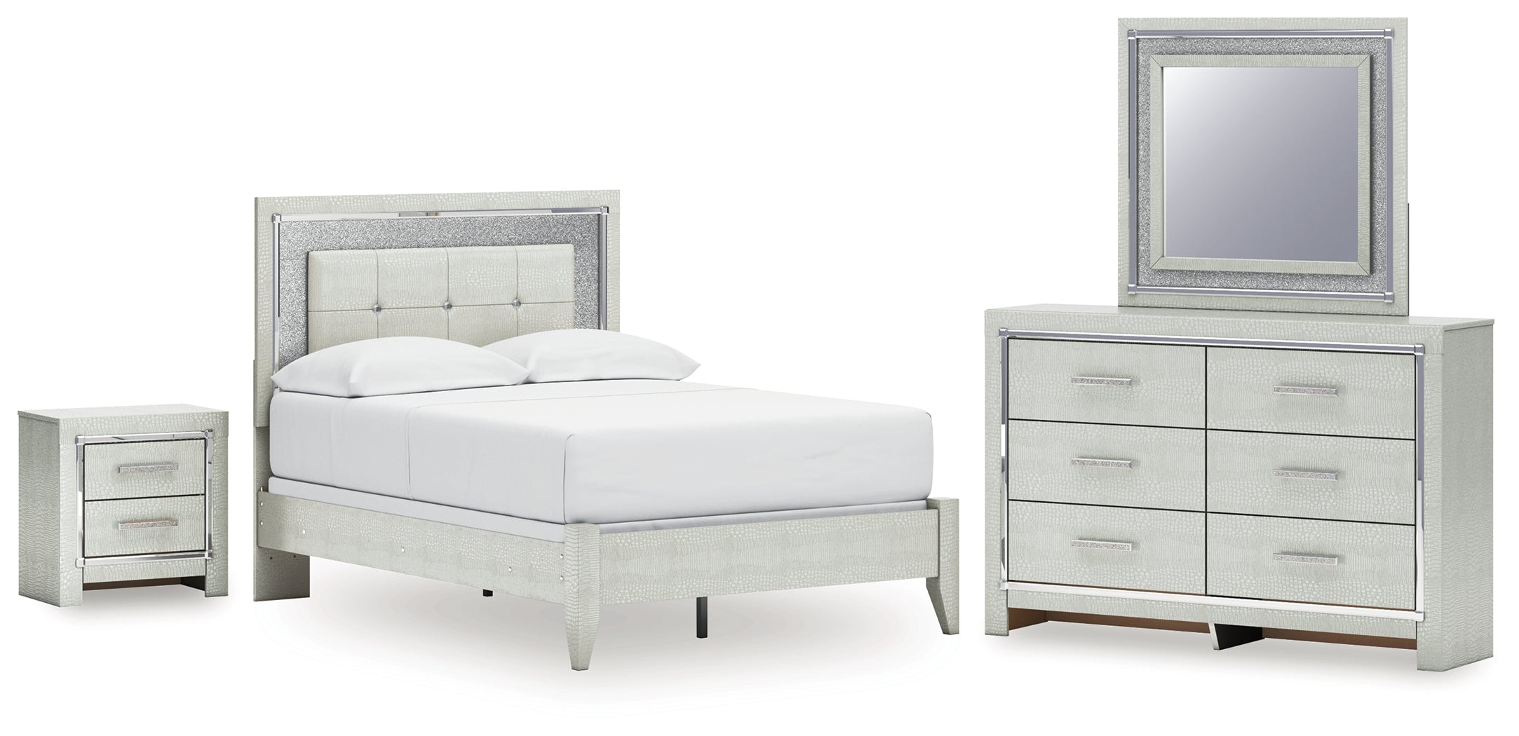 Best Deals Furniture - Ashley Furniture - Zyniden Full Panel Bed, Dresser, Mirror and Nightstand - Full Panel Bed, Dresser, Mirror and Nightstand / Silver - B2114B18