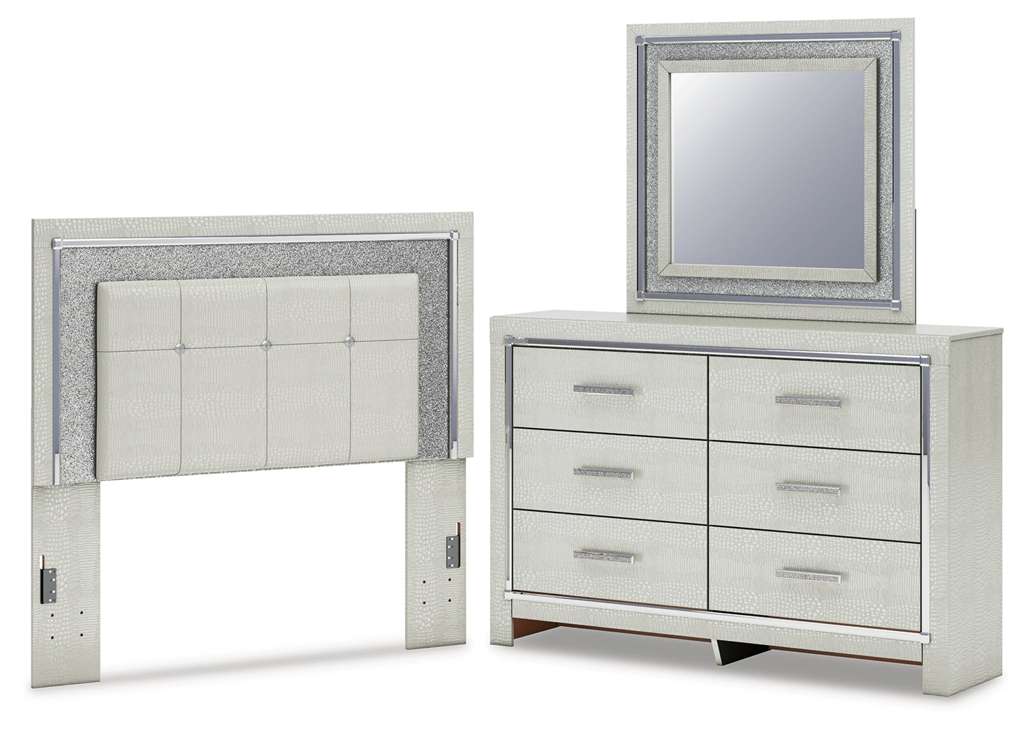 Best Deals Furniture - Ashley Furniture - Zyniden Full Upholstered Panel Headboard, Dresser and Mirror - Full Upholstered Panel Headboard, Dresser and Mirror / Silver - B2114B11
