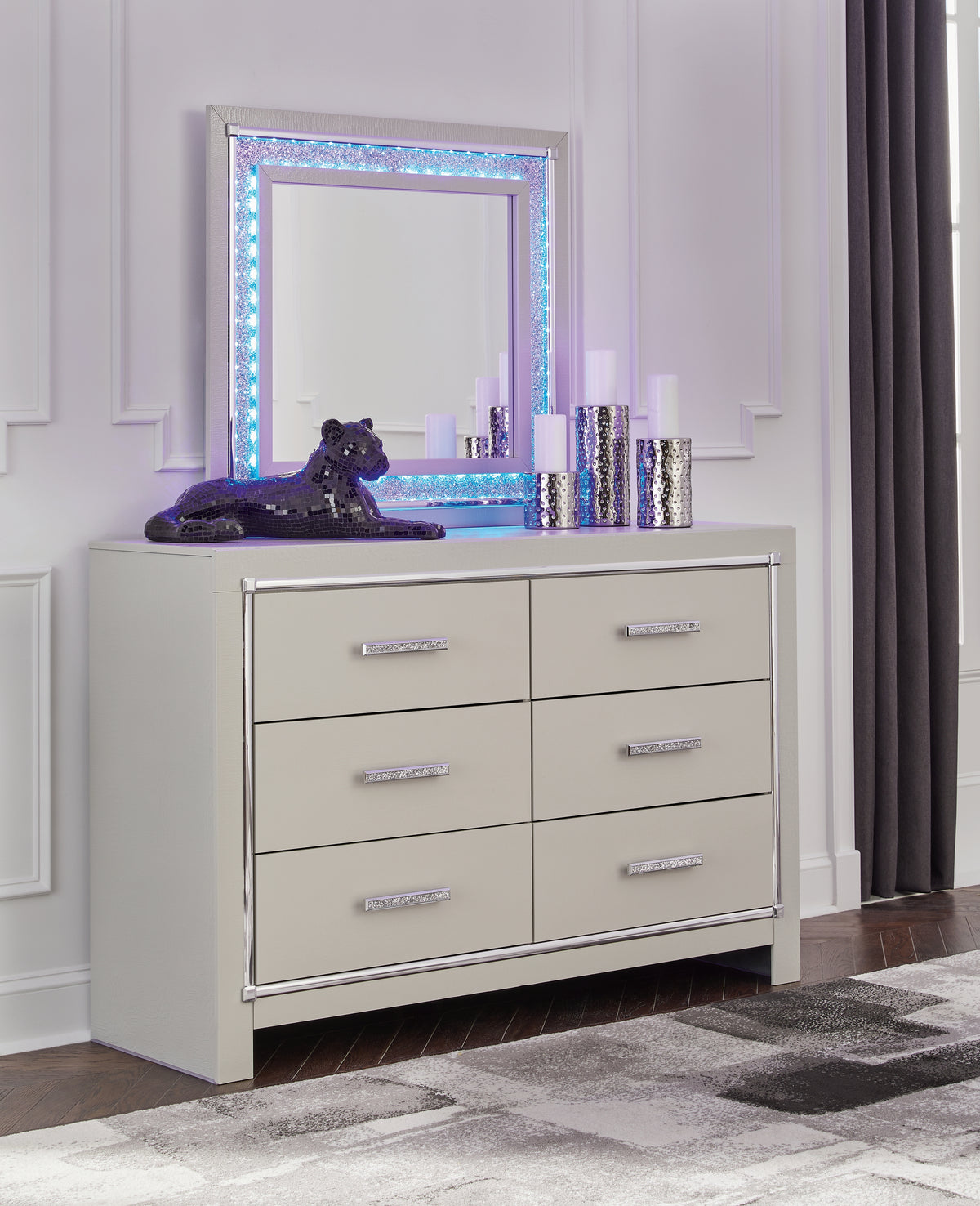 Best Deals Furniture - Ashley Furniture - Zyniden Dresser and Mirror - Dresser and Mirror / Silver - B2114B1
