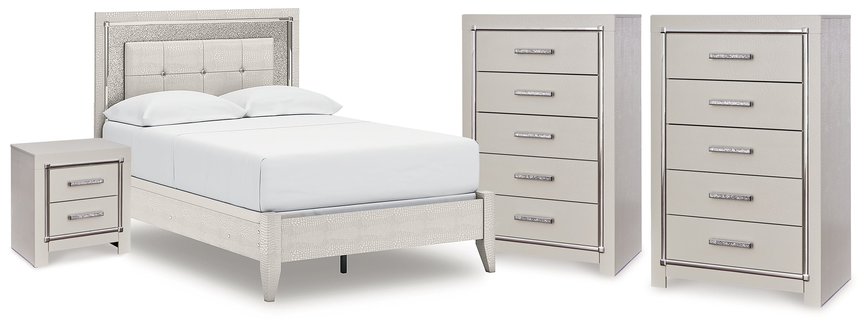 Best Deals Furniture - Ashley Furniture - Zyniden Full Panel Bed, 2 Chests and Nightstand - Full Panel Bed, 2 Chests and Nightstand / Silver - B2114B26