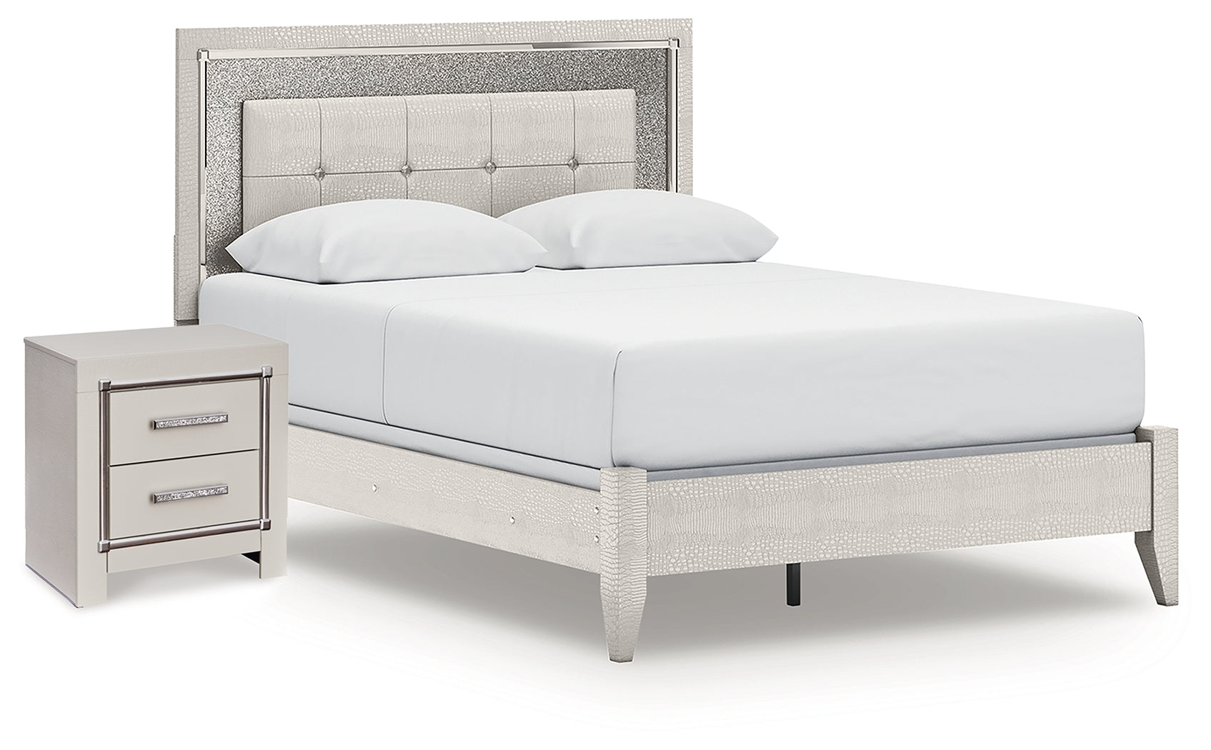 Best Deals Furniture - Ashley Furniture - Zyniden Queen Panel Bed and Nightstand - Queen Panel Bed and Nightstand / Silver - B2114B23