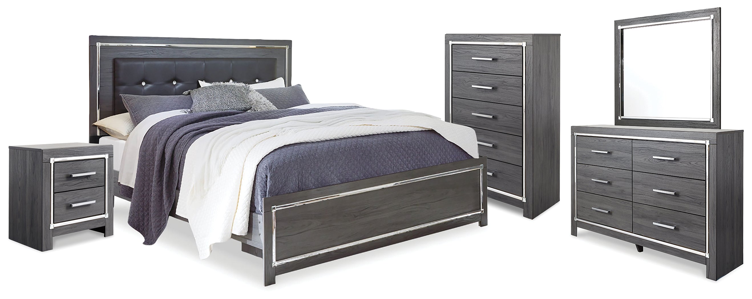 Best Deals Furniture - Ashley Furniture - Lodanna King Upholstered Panel Bed, Dresser, Mirror, Chest and Nightstand - King Upholstered Panel Bed, Dresser, Mirror, Chest and Nightstand / Gray - B214B26