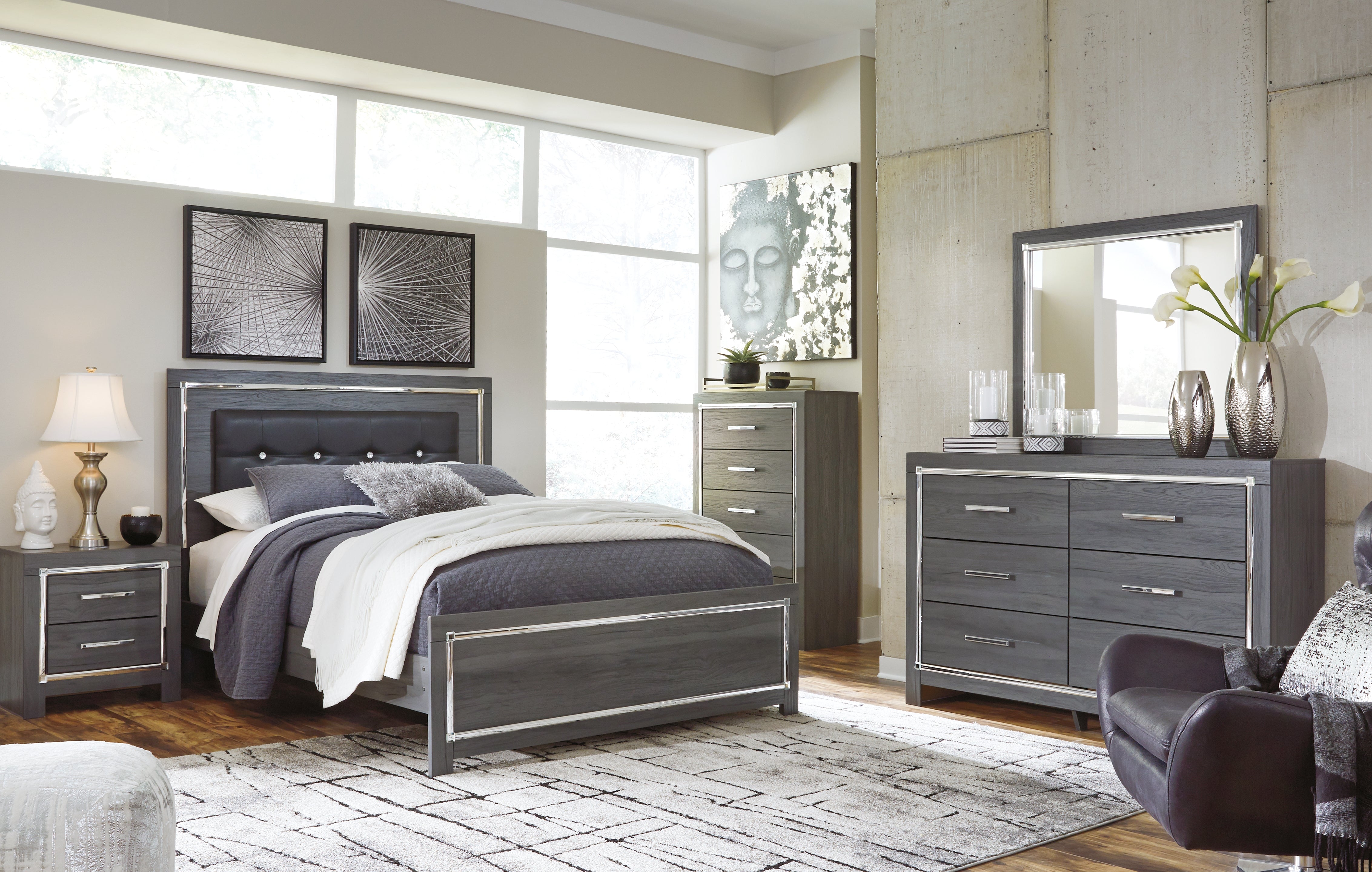 Best Deals Furniture - Ashley Furniture - Lodanna Queen Upholstered Panel Bed, Dresser, Mirror and 2 Nightstands - Queen Upholstered Panel Bed, Dresser, Mirror and 2 Nightstands / Gray - B214B36