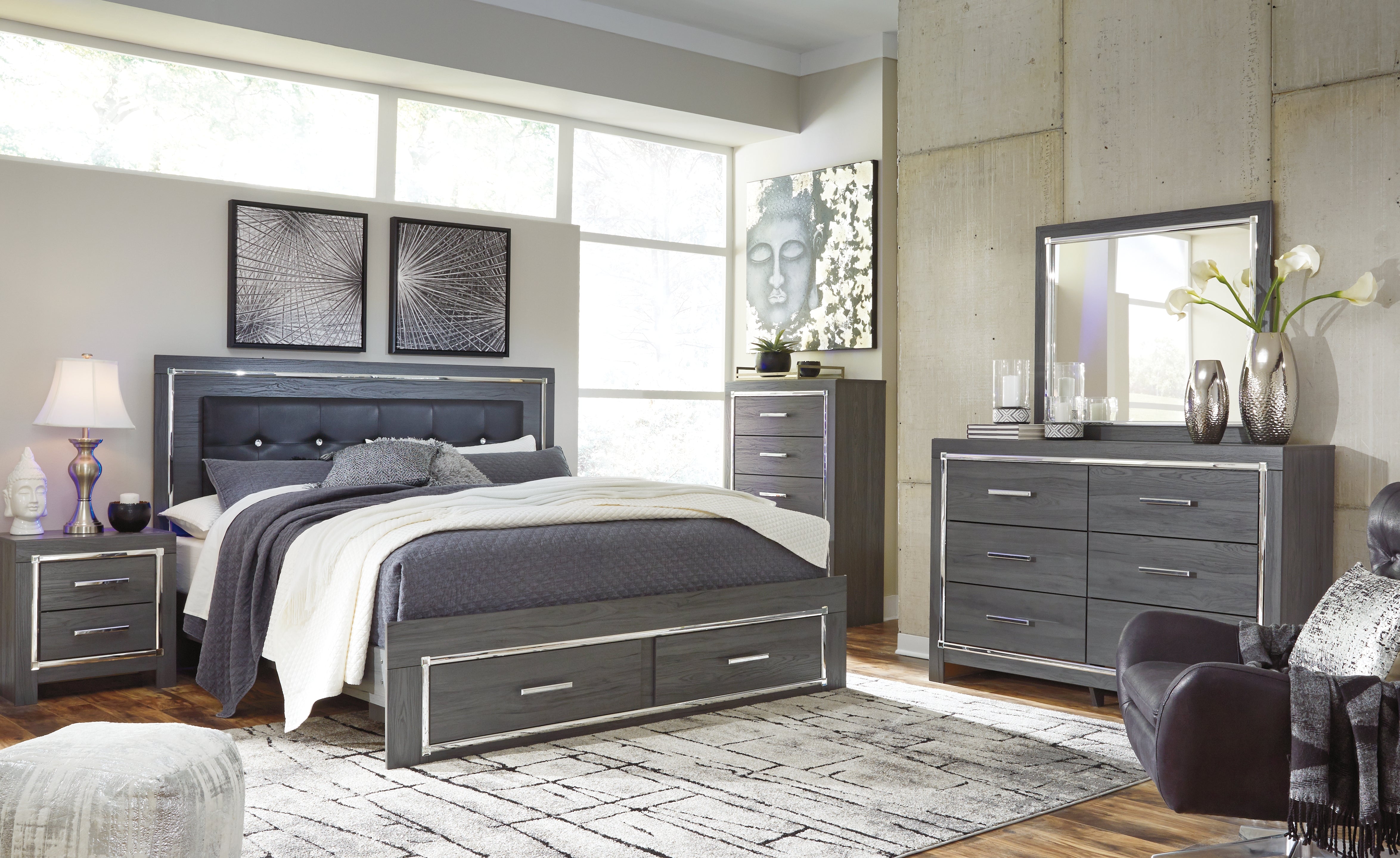 Best Deals Furniture - Ashley Furniture - Lodanna King Upholstered Storage Bed, Dresser, Mirror, Chest and 2 Nightstands - King Upholstered Storage Bed, Dresser, Mirror, Chest and 2 Nightstands / Gray - B214B29