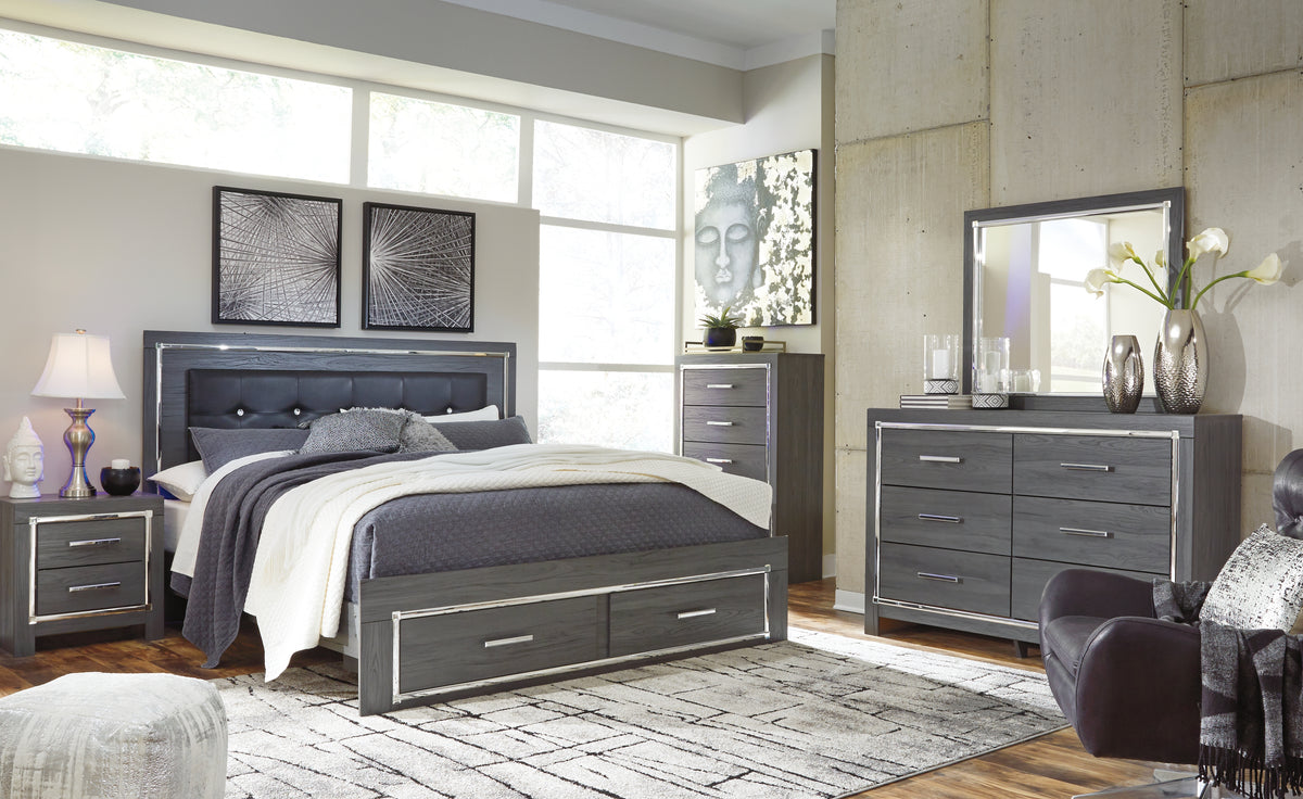Best Deals Furniture - Ashley Furniture - Lodanna King Upholstered Storage Bed, Dresser, Mirror, Chest and 2 Nightstands - King Upholstered Storage Bed, Dresser, Mirror, Chest and 2 Nightstands / Gray - B214B29