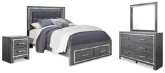 Lodanna Queen Upholstered Panel Storage Bed, Dresser, Mirror, and Nightstand