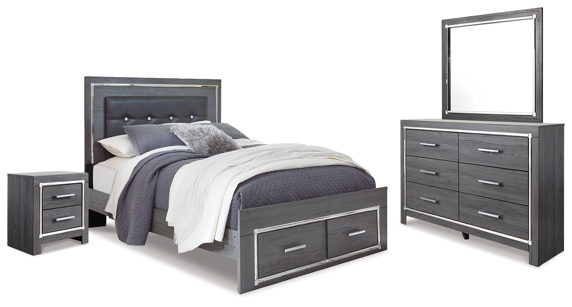 Best Deals Furniture - Ashley Furniture - Lodanna Queen Panel Storage Bed with Mirrored Dresser and Nightstand - Queen Panel Storage Bed with Mirrored Dresser and Nightstand / Gray - B214B16