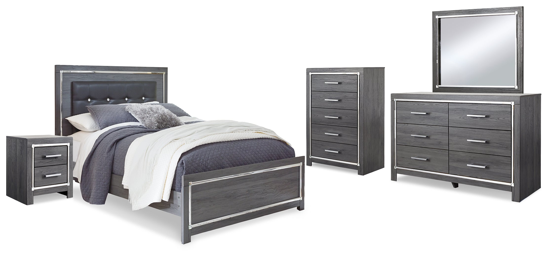 Best Deals Furniture - Ashley Furniture - Lodanna Queen Panel Bed - Queen Panel Bed, Dresser, Mirror, Chest and Nightstand / Gray - B214B39
