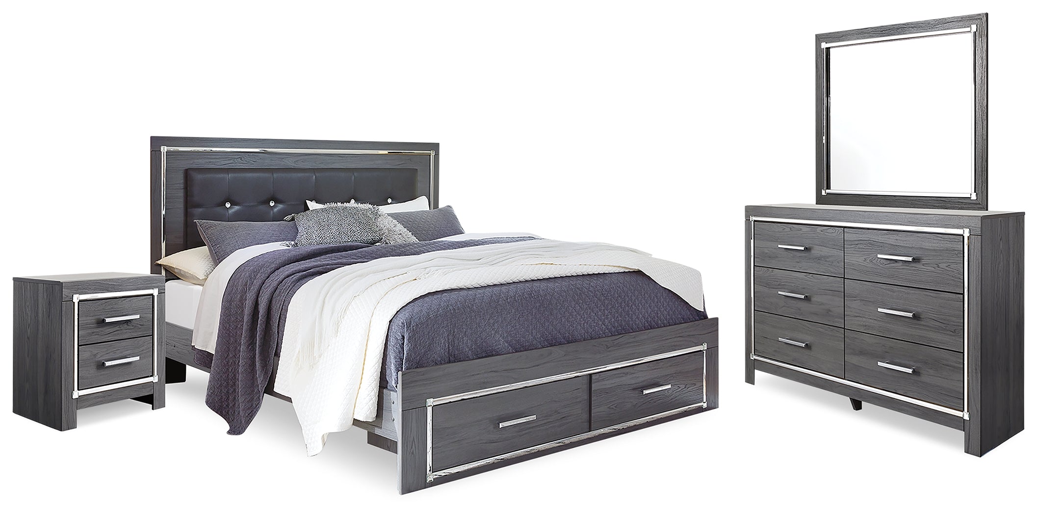 Best Deals Furniture - Ashley Furniture - Lodanna Queen Upholstered Panel Bed, Dresser, Mirror and Nightstand - Queen Upholstered Panel Bed, Dresser, Mirror and Nightstand / Gray - B214B18