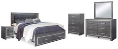 Best Deals Furniture - Ashley Furniture - Lodanna King Upholstered Storage Bed, Dresser, Mirror, Chest and Nightstand - King Upholstered Storage Bed, Dresser, Mirror, Chest and Nightstand / Gray - B214B32