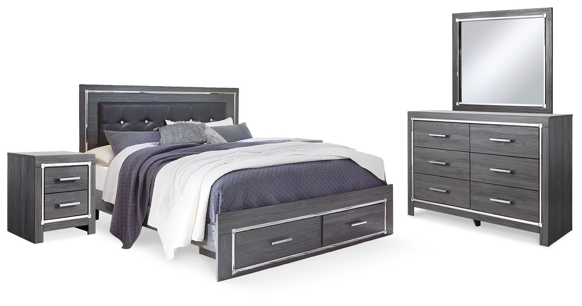 Best Deals Furniture - Ashley Furniture - Lodanna King Storage Bed, Dresser, Mirror and 2 Nightstands - King Storage Bed, Dresser, Mirror and 2 Nightstands / Gray - B214B35