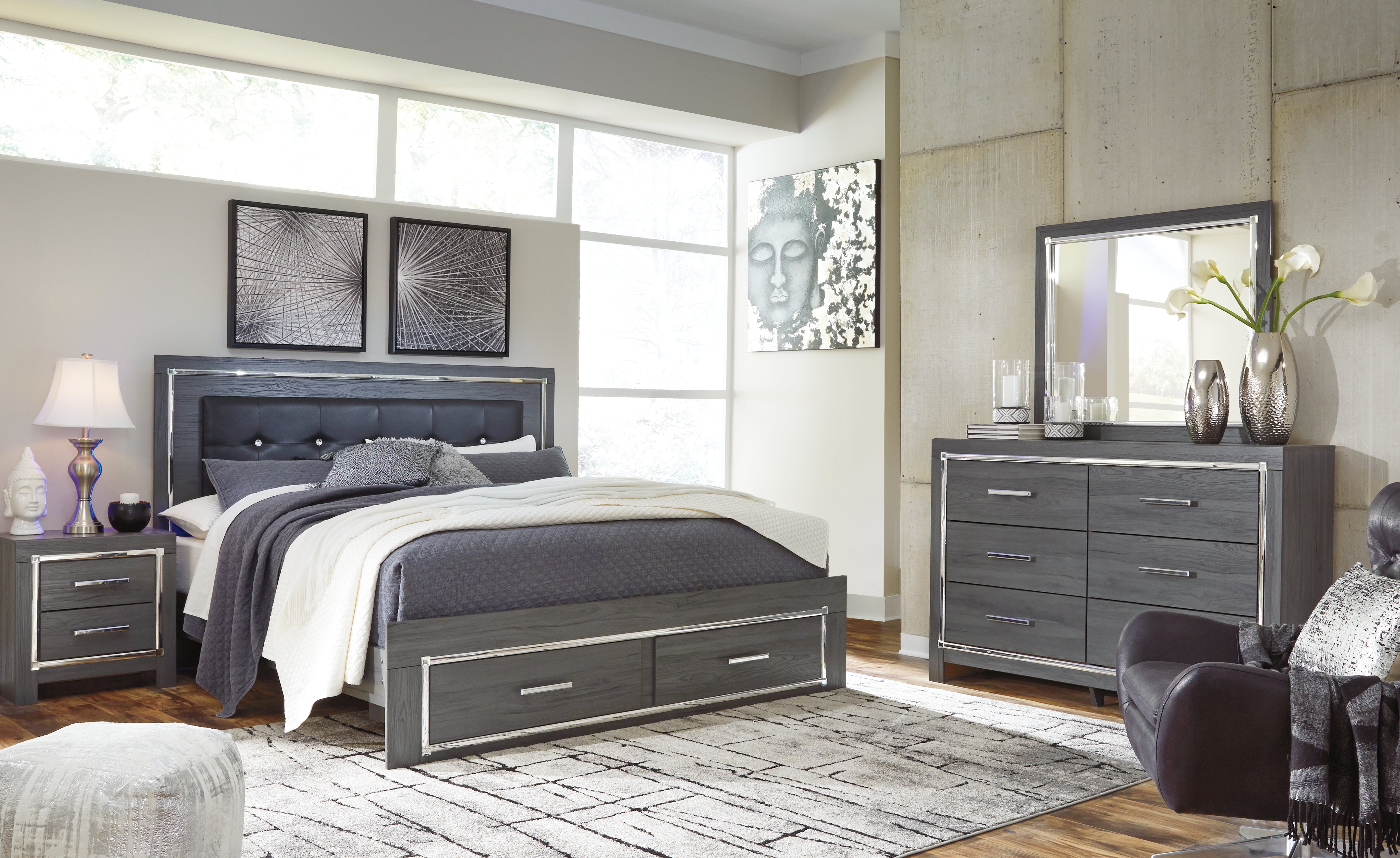 Best Deals Furniture - Ashley Furniture - Lodanna King Upholstered Storage Bed, Dresser, Mirror, Chest, and Nightstand - King Uph Panel Storage Bed, Dresser, Mirror, Chest and Nightstand / Gray - B214B25