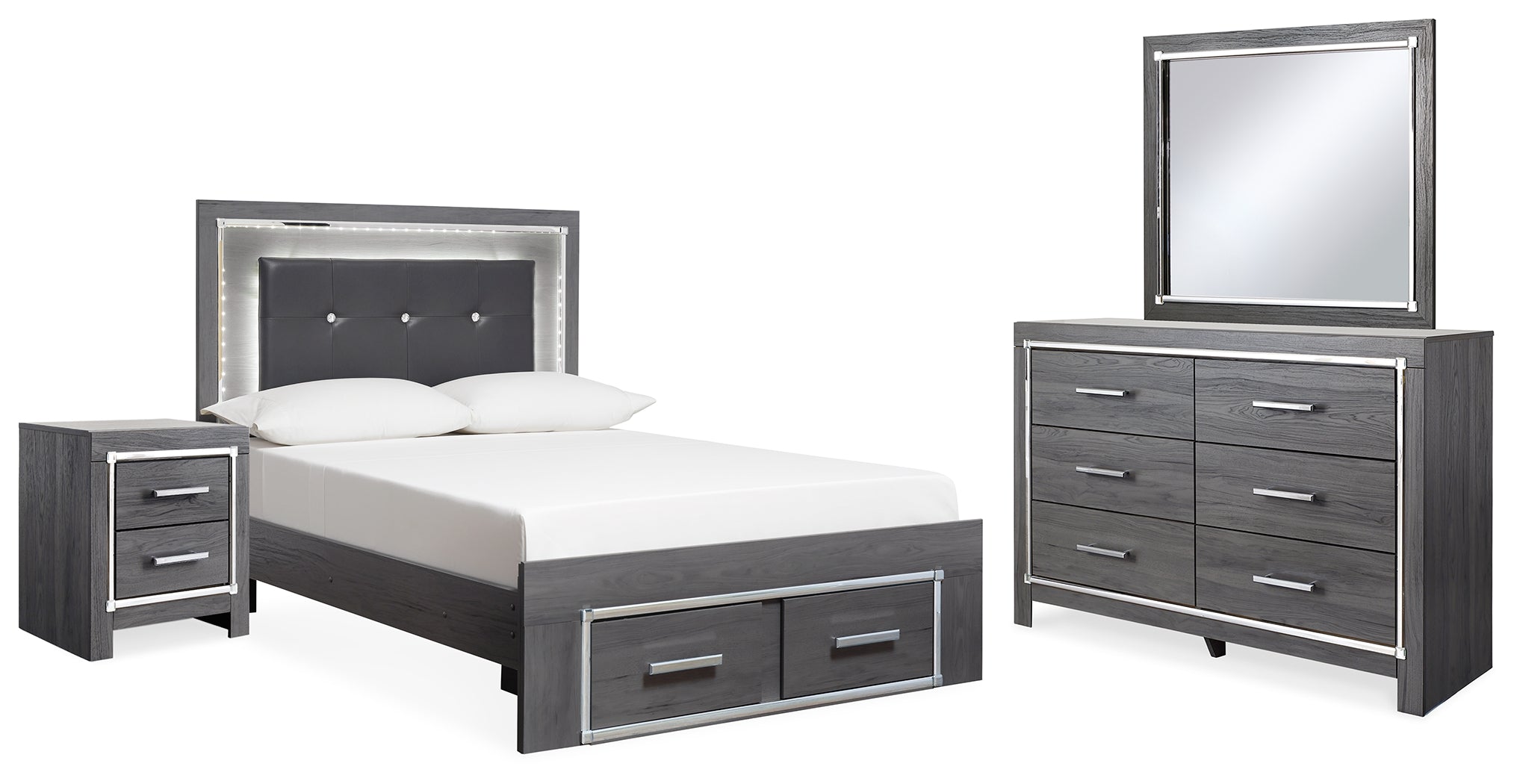 Best Deals Furniture - Ashley Furniture - Lodanna Full Upholstered Panel Storage Bed, Dresser, Mirror, and Nightstand - Full Upholstered Panel Storage Bed, Dresser, Mirror, and Nightstand / Gray - B214B23