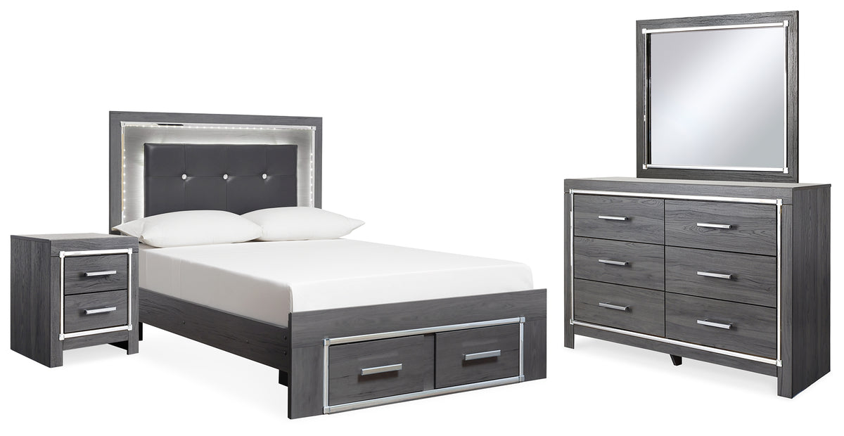 Best Deals Furniture - Ashley Furniture - Lodanna Full Upholstered Panel Storage Bed, Dresser, Mirror, and Nightstand - Full Upholstered Panel Storage Bed, Dresser, Mirror, and Nightstand / Gray - B214B23