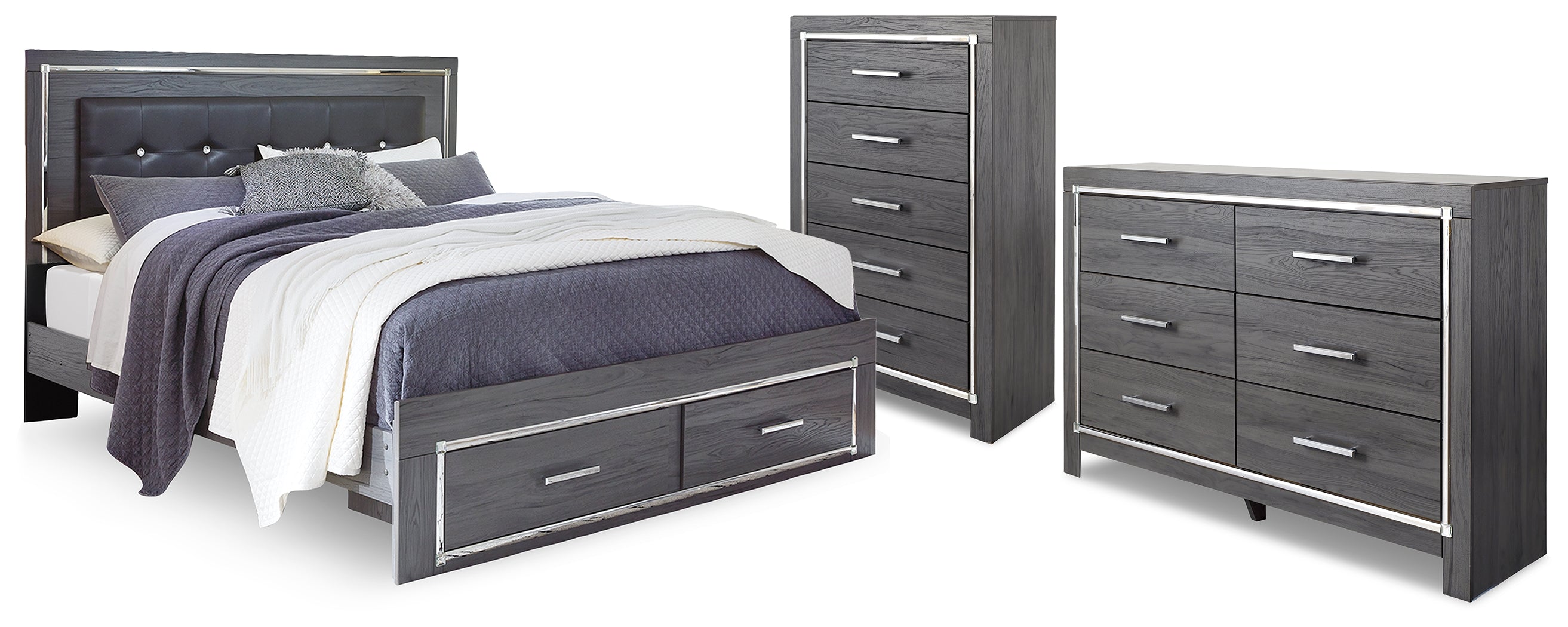 Best Deals Furniture - Ashley Furniture - Lodanna King Storage Bed, Dresser and Chest - King Storage Bed, Dresser and Chest / Gray - B214B57