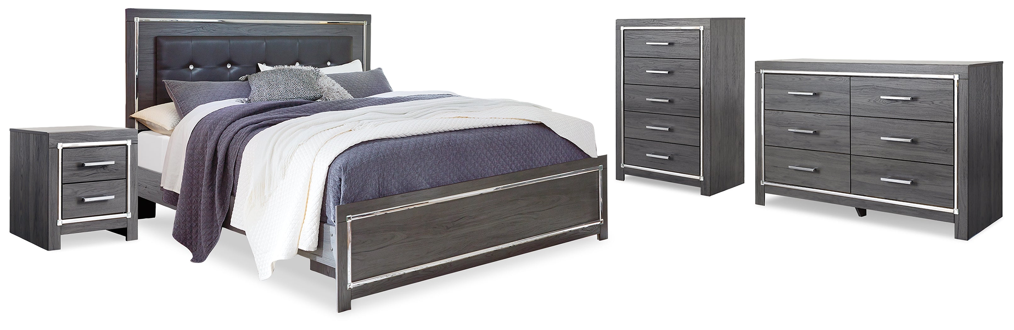 Best Deals Furniture - Ashley Furniture - Lodanna King Upholstered Panel Bed, Dresser, Chest and 2 Nightstands - King Upholstered Panel Bed, Dresser, Chest and 2 Nightstands / Gray - B214B43